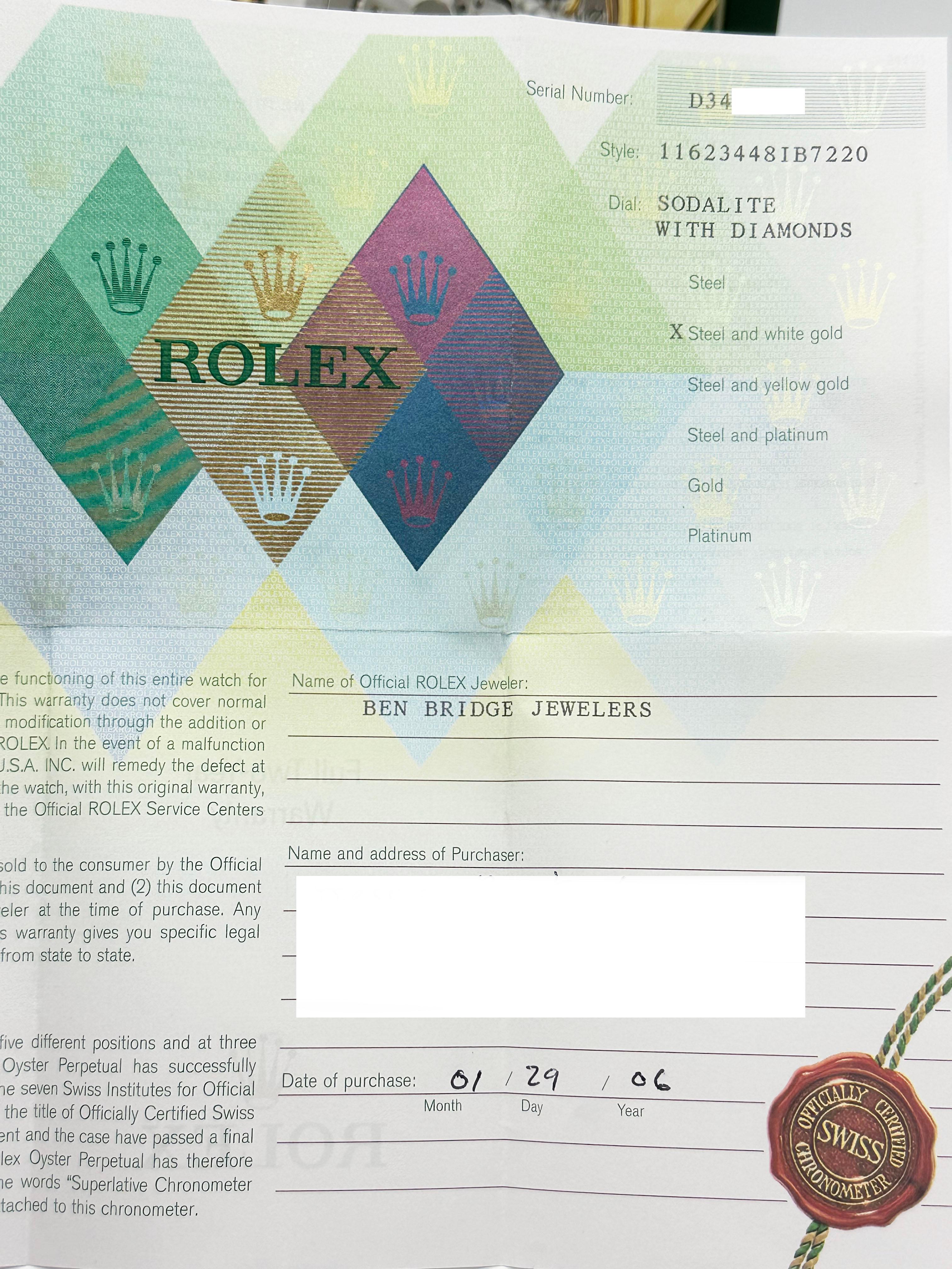 Women's or Men's Rolex 116234 FACTORY Sodalite Diamond Dial Stainless 18K Gold Box Paper 2006 For Sale