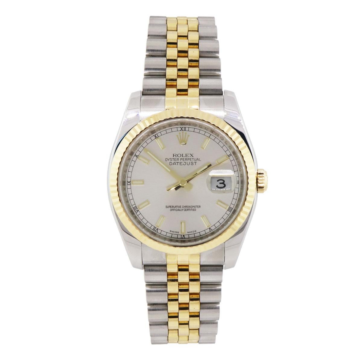 Brand: Rolex
MPN: 116235
Model: Datejust
Case Material: Stainless steel
Case Diameter: 36mm
Crystal: Sapphire crystal (scratch resistant)
Bezel: 18k yellow gold fluted bezel
Dial: Silver stick dial
Bracelet: 18k yellow gold and stainless steel