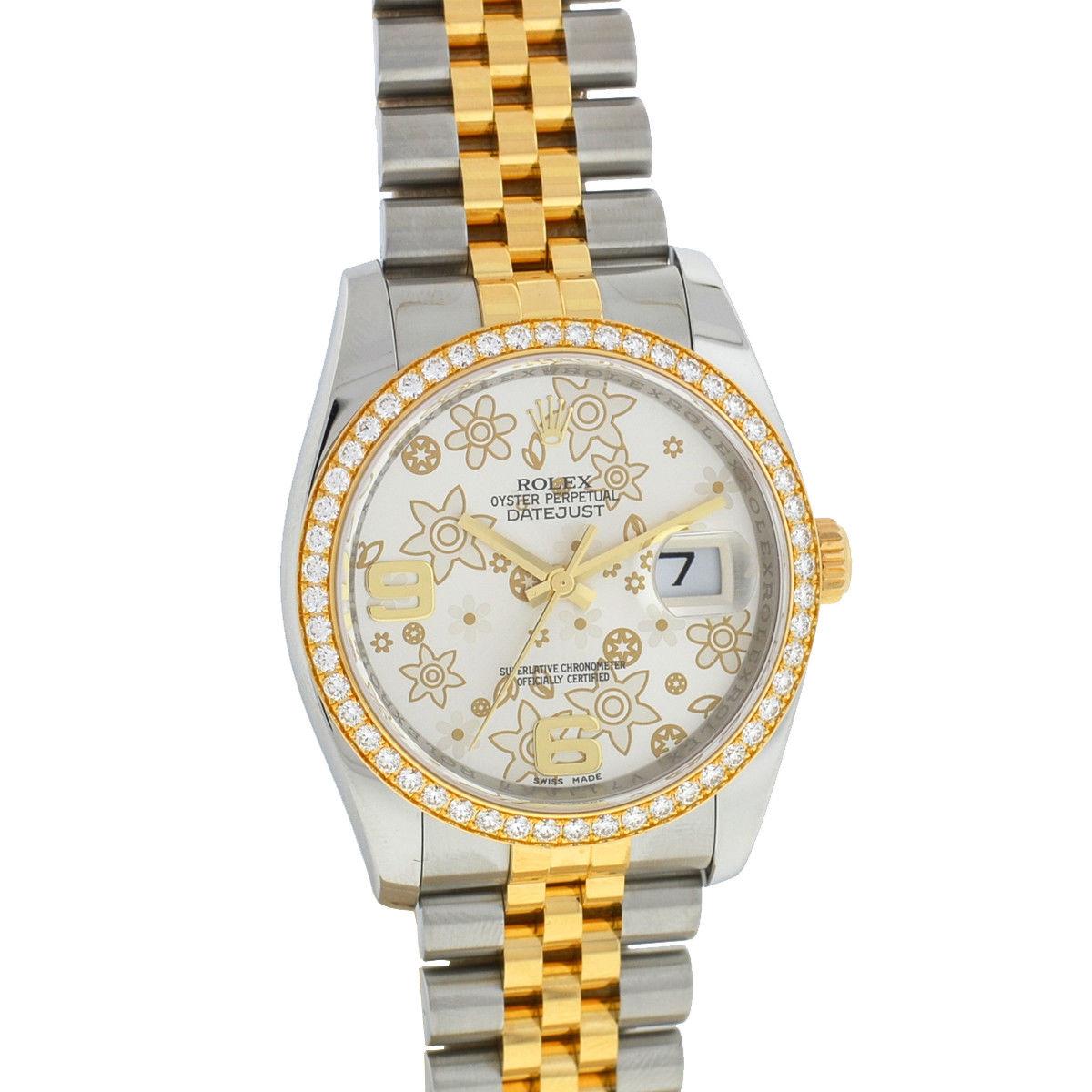 Company-Rolex
Style-Dress/Formal
Model-Datejust
Reference Number-116243
Case Metal-Stainless Steel 
Case Measurement-36 mm 
Bracelet-18k Yellow Gold / Stainless Steel (Comes with Extra links)
Dial-Silver Flower Dial 
Bezel-Diamond 18k Yellow Gold