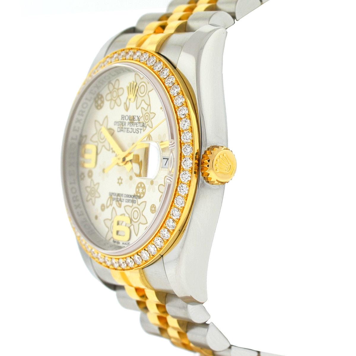 Rolex 116243 Two-Tone Datejust Flower Dial Diamond Bezel Watch In Excellent Condition In Boca Raton, FL
