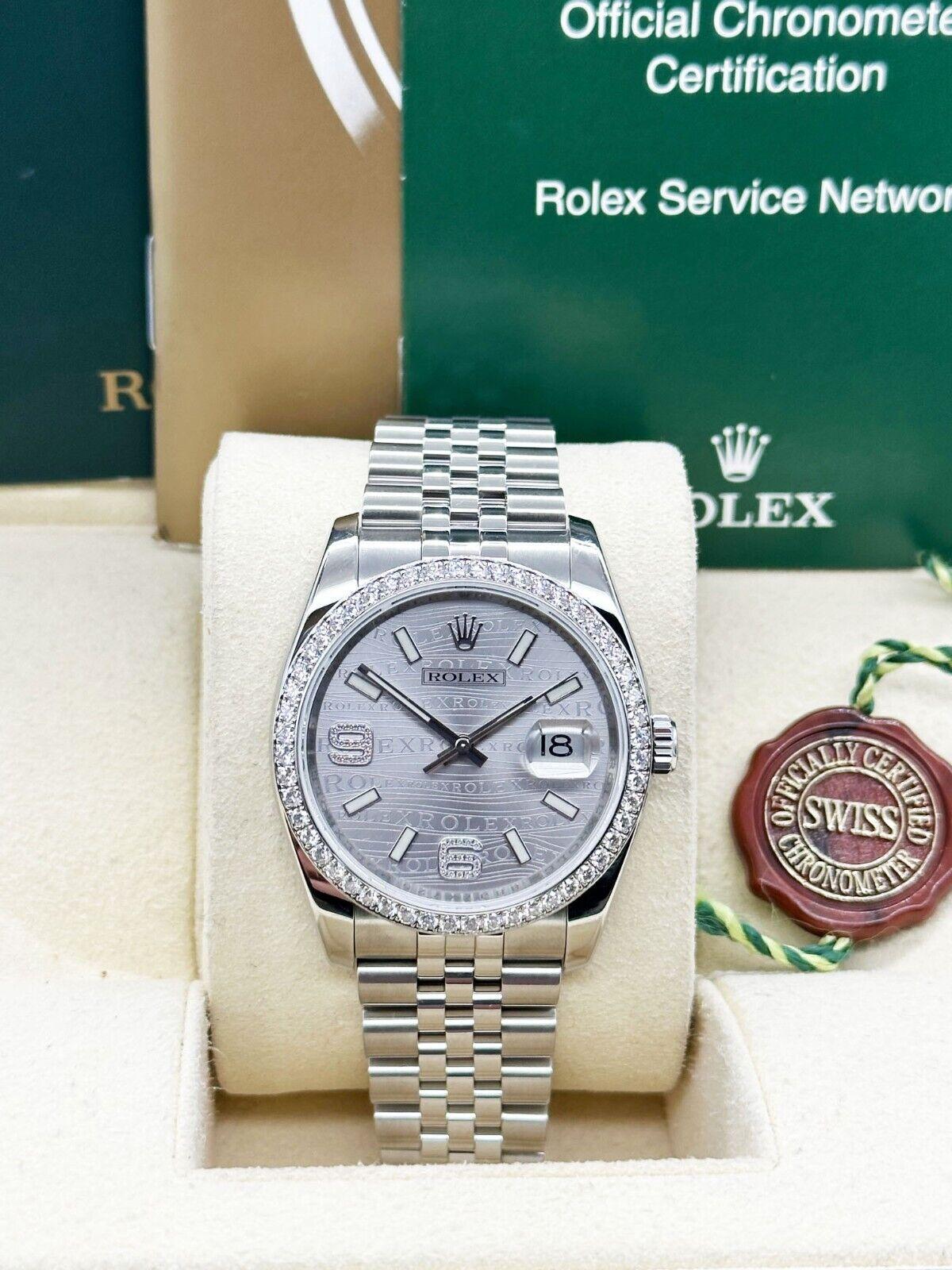 Rolex 116244 Datejust Rhodium Wave Dial Diamond Bezel Stainless Box Booklet In Excellent Condition For Sale In San Diego, CA