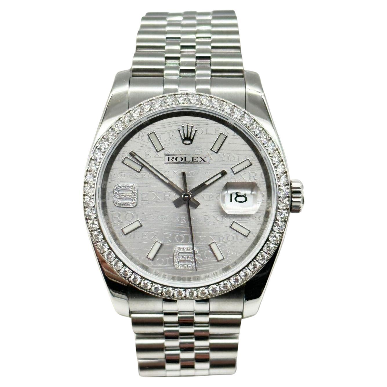 Rolex 116244 Datejust Rhodium Wave Dial Diamond Bezel Stainless Box Booklet For Sale