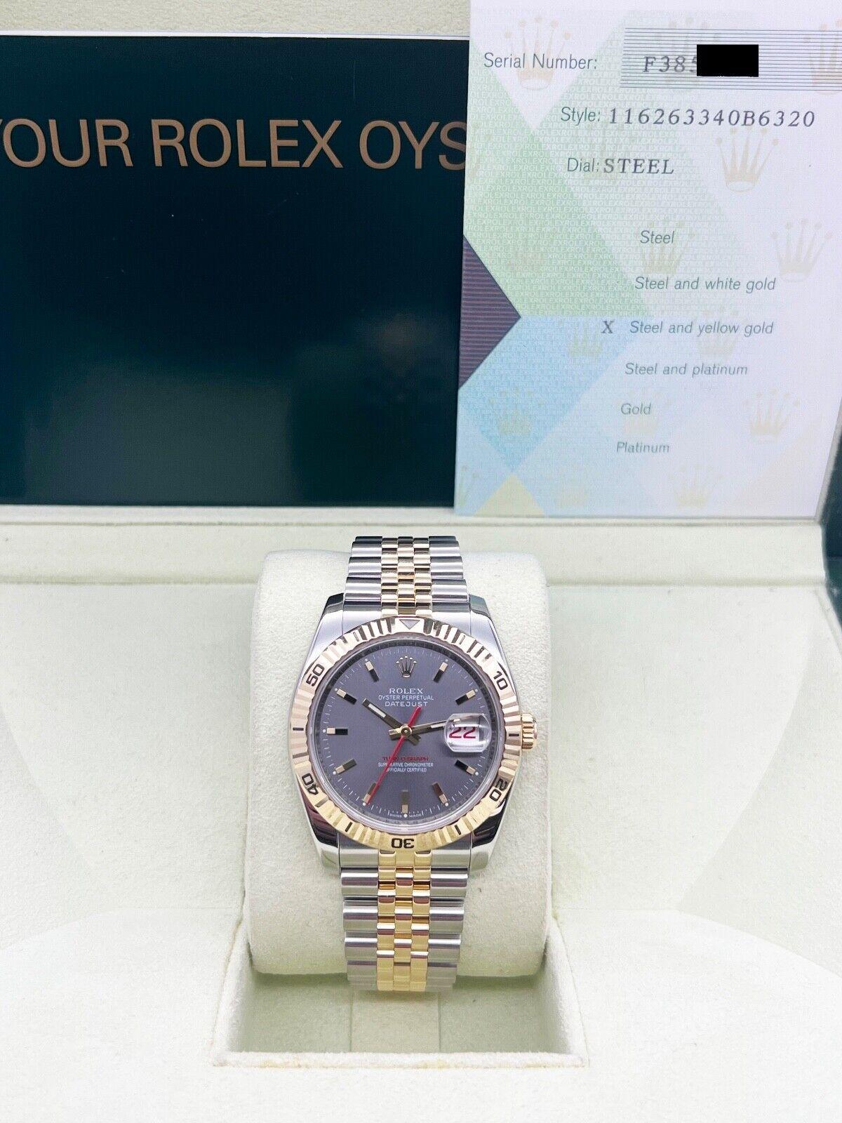 Rolex 116263 Datejust Turn o Graph Silver Dial 18K Yellow Gold Steel Box Paper In Excellent Condition For Sale In San Diego, CA