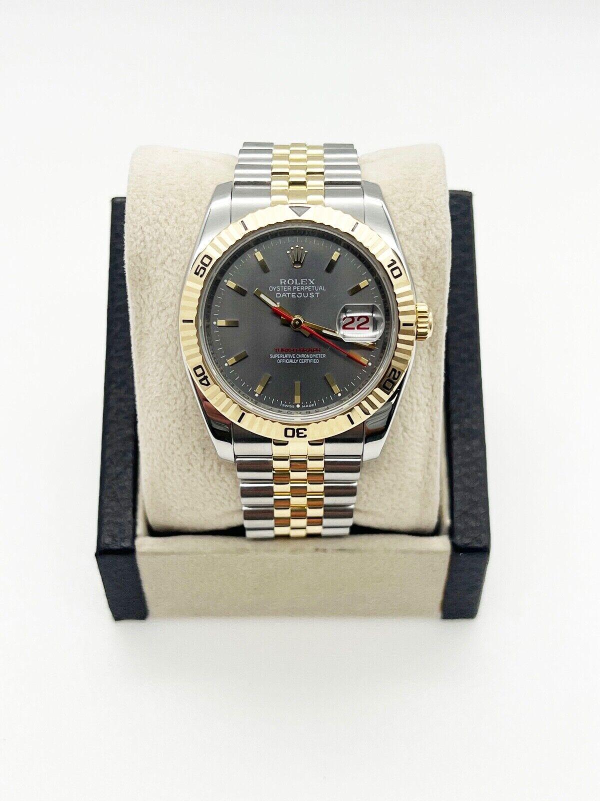 Rolex 116263 Datejust Turn o Graph Silver Dial 18K Yellow Gold Steel Box Paper For Sale 1
