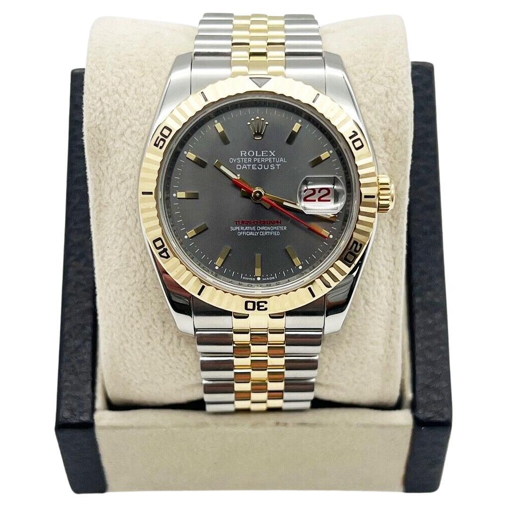 Rolex 116263 Datejust Turn o Graph Silver Dial 18K Yellow Gold Steel Box Paper For Sale