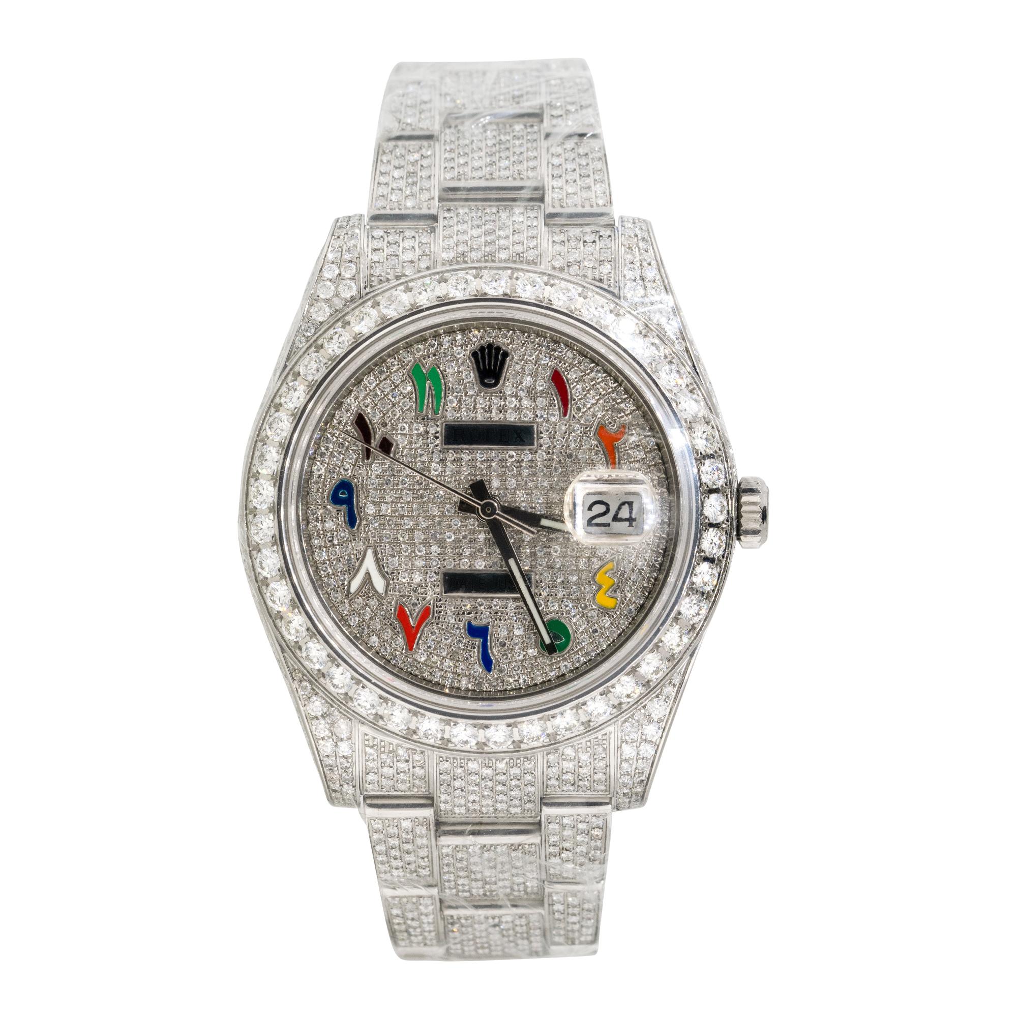Brand: Rolex
MPN: 116300
Model: Datejust II
Case Material: Stainless steel with aftermarket Diamonds
Case Diameter: 41mm
Crystal: Sapphire Crystal
Bezel: Stainless steel bezel with aftermarket Diamonds
Dial: Dial with colorful Arabic numerals