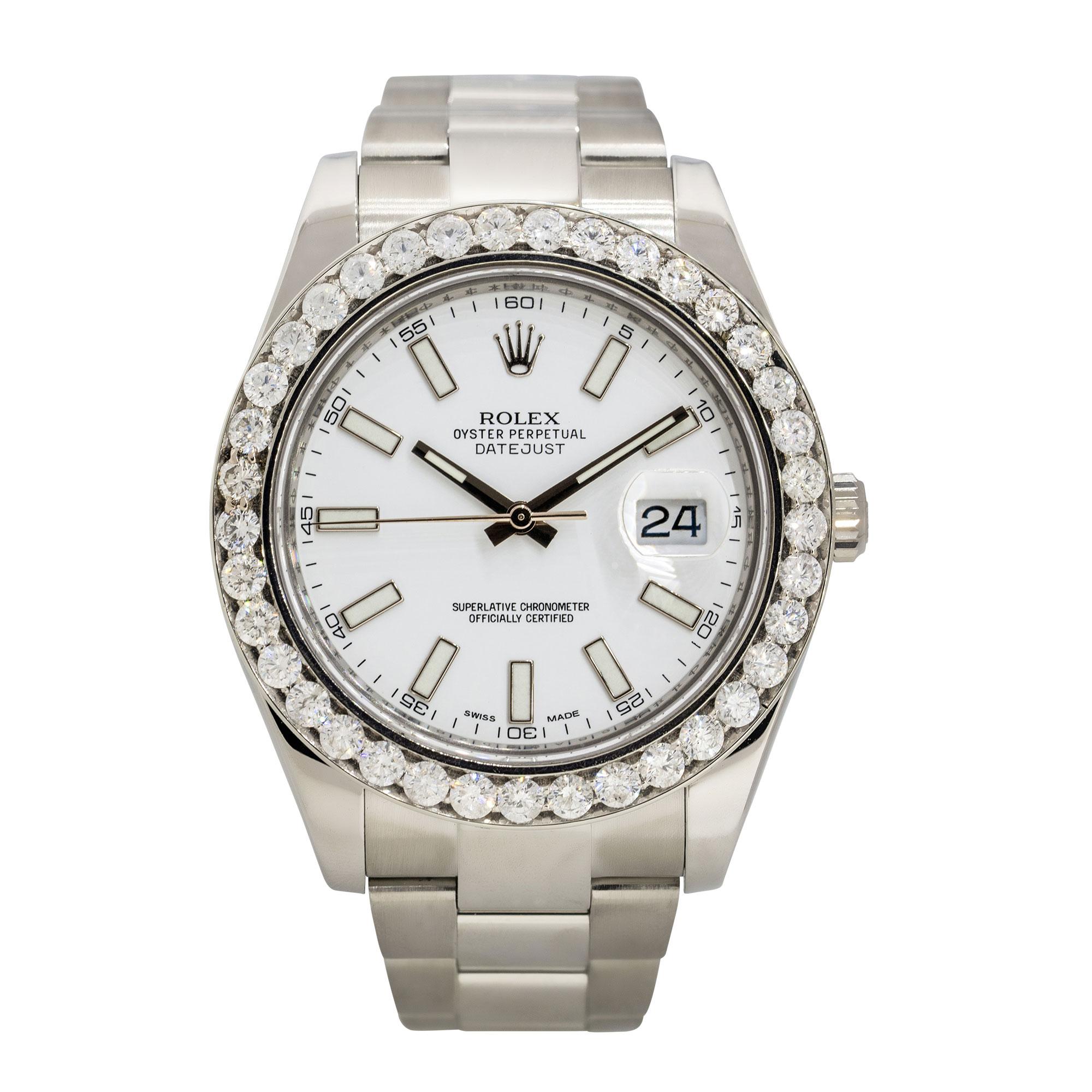 Brand: Rolex
MPN: 116300
Model: Datejust II
Case Material: Stainless Steel
Case Diameter: 41mm
Crystal: Sapphire Crystal
Bezel: Round brilliant diamond pave bezel (aftermarket)
Dial: White plain dial with silver hands and luminescent hour markers.
