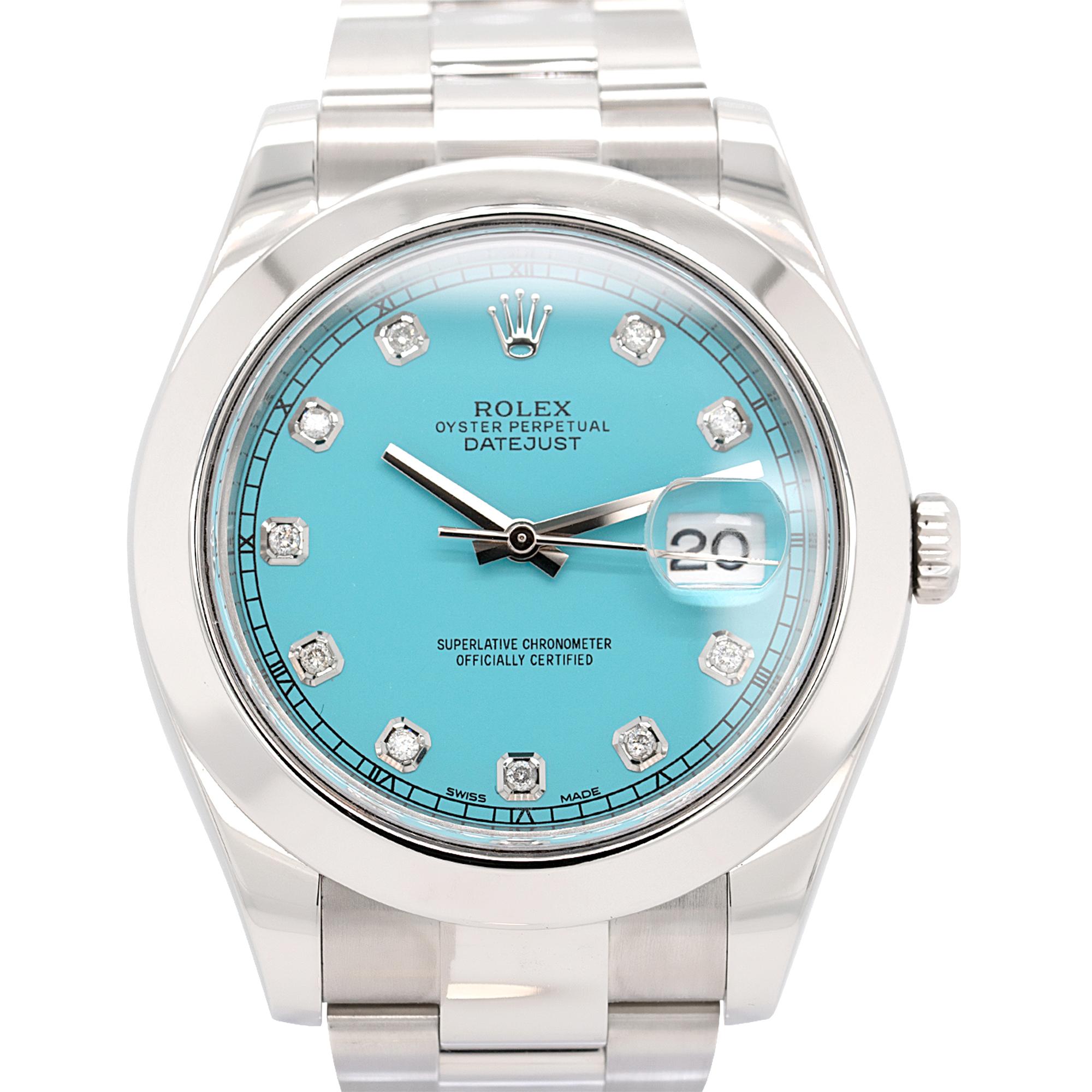 Brand: Rolex

MPN: 116300

Model: Datejust II

Case Material: Stainless Steel

Case Diameter: 41mm

Crystal: Sapphire Crystal

Bezel: Stainless steel smooth bezel

Dial: Turquoise dial with Diamond hour markers and silver hands. Date can be found at