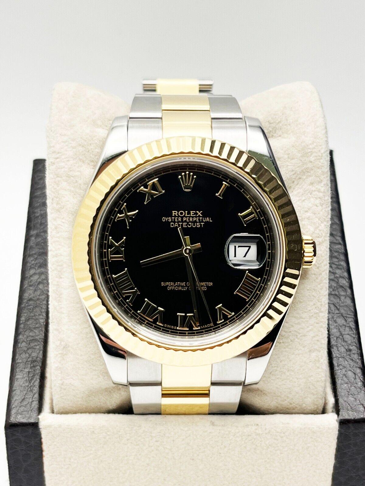 
Style Number: 116333



Serial: 6SLC2***



Year: 2014

 

Model: Datejust 41

 

Case Material: 

 

Band: 18K Yellow Gold & Stainless Steel 

 

Bezel: 18K Yellow Gold Fluted Bezel 

 

Dial: Black Roman Numeral Dial 

 

Face: Sapphire Crystal