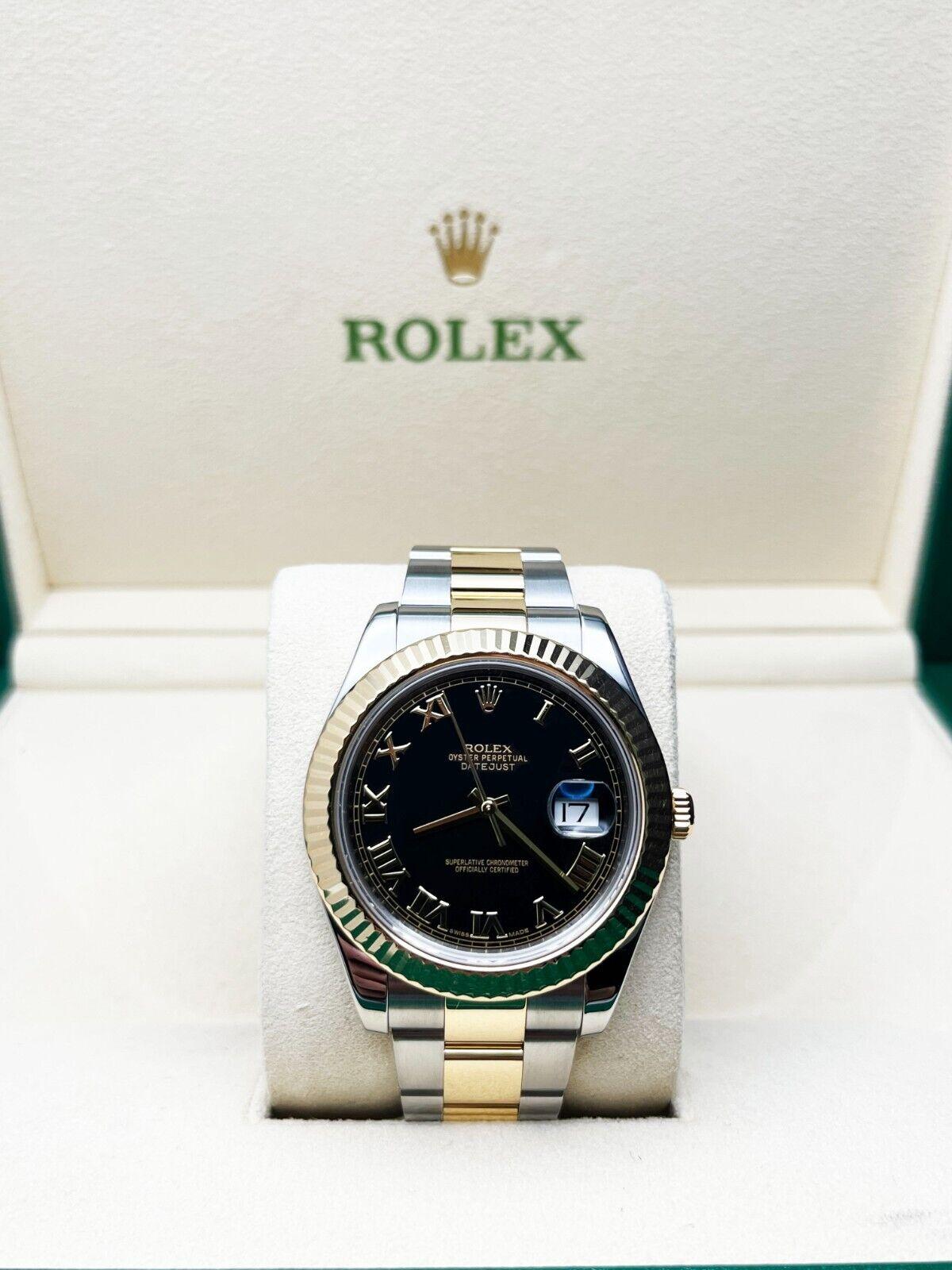 Rolex 116333 Datejust 41 Black Roman Dial 18K Yellow Gold Steel Box Papers In Excellent Condition For Sale In San Diego, CA