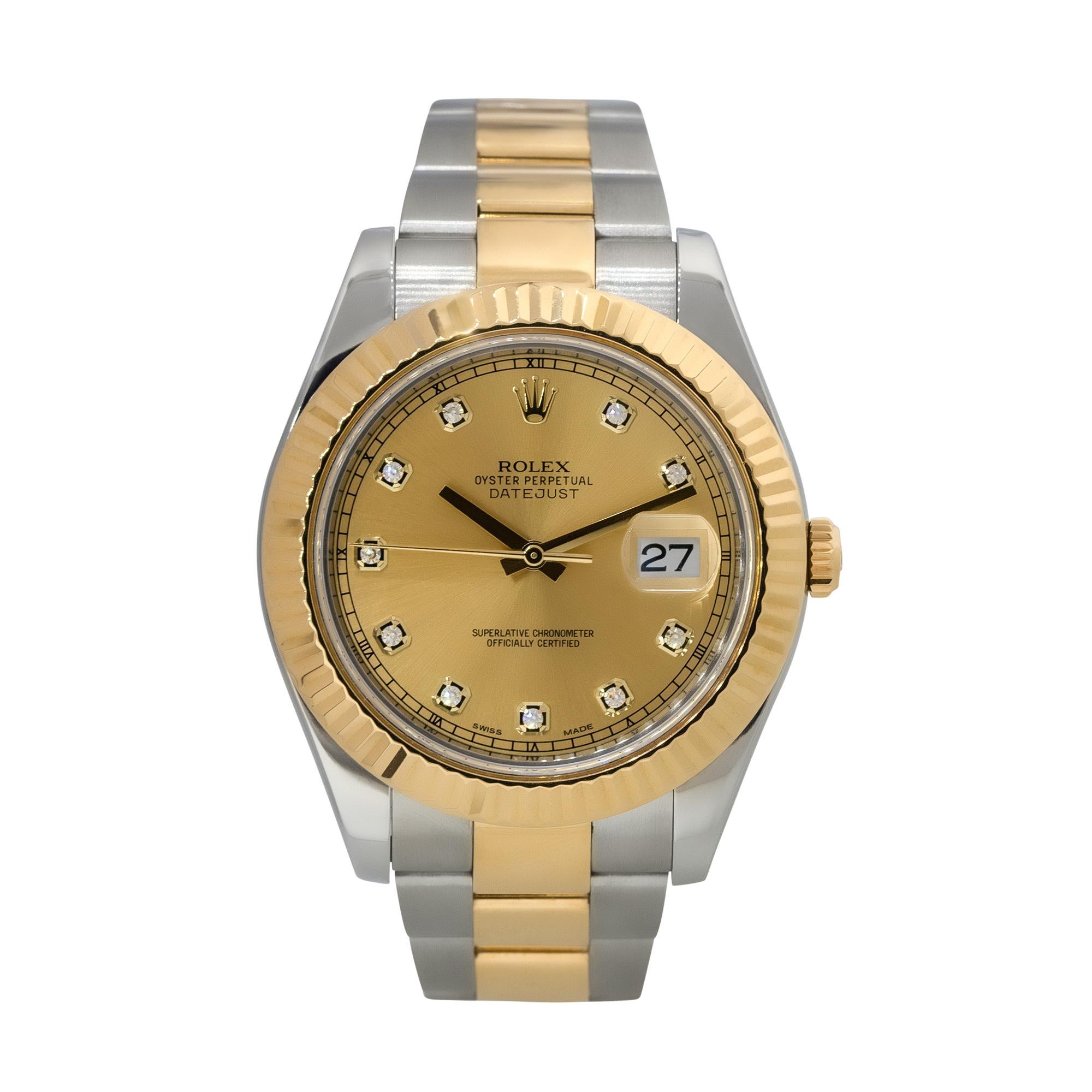 Brand: Rolex
MPN: 116333
Model: Datejust II
Case Material: Stainless Steel
Case Diameter: 41mm
Crystal: Sapphire Crystal
Bezel: 18k Yellow gold fluted bezel
Dial: Factory Champagne dial with yellow gold hands and Diamond hour markers. Date can be