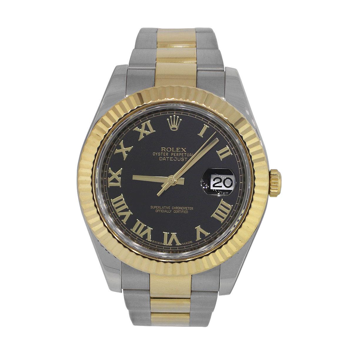 Brand: Rolex
MPN: 116333
Model: Datejust II
Case Material: Stainless steel
Case Diameter: 41mm
Crystal: Scratch resistant sapphire
Bezel: 18k yellow gold fluted bezel
Dial: Black dial with Yellow gold roman numerals and hands. Date can be found at 3