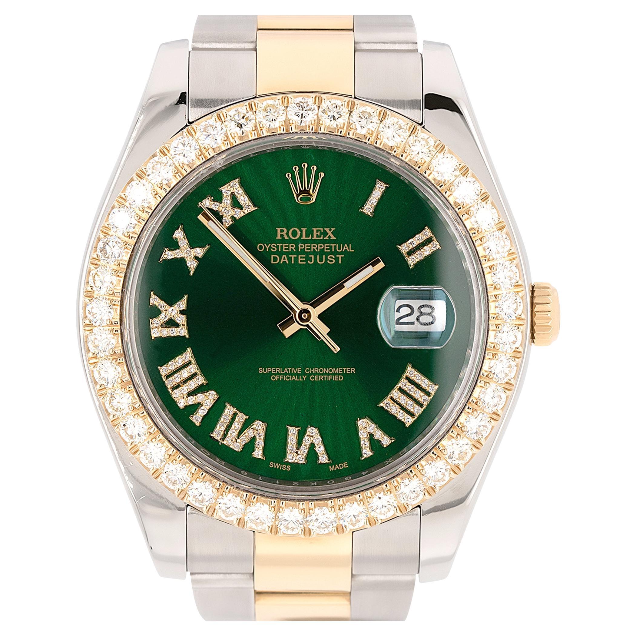 Rolex 116333 Datejust II Two Tone Green Roman Diamond Watch For Sale
