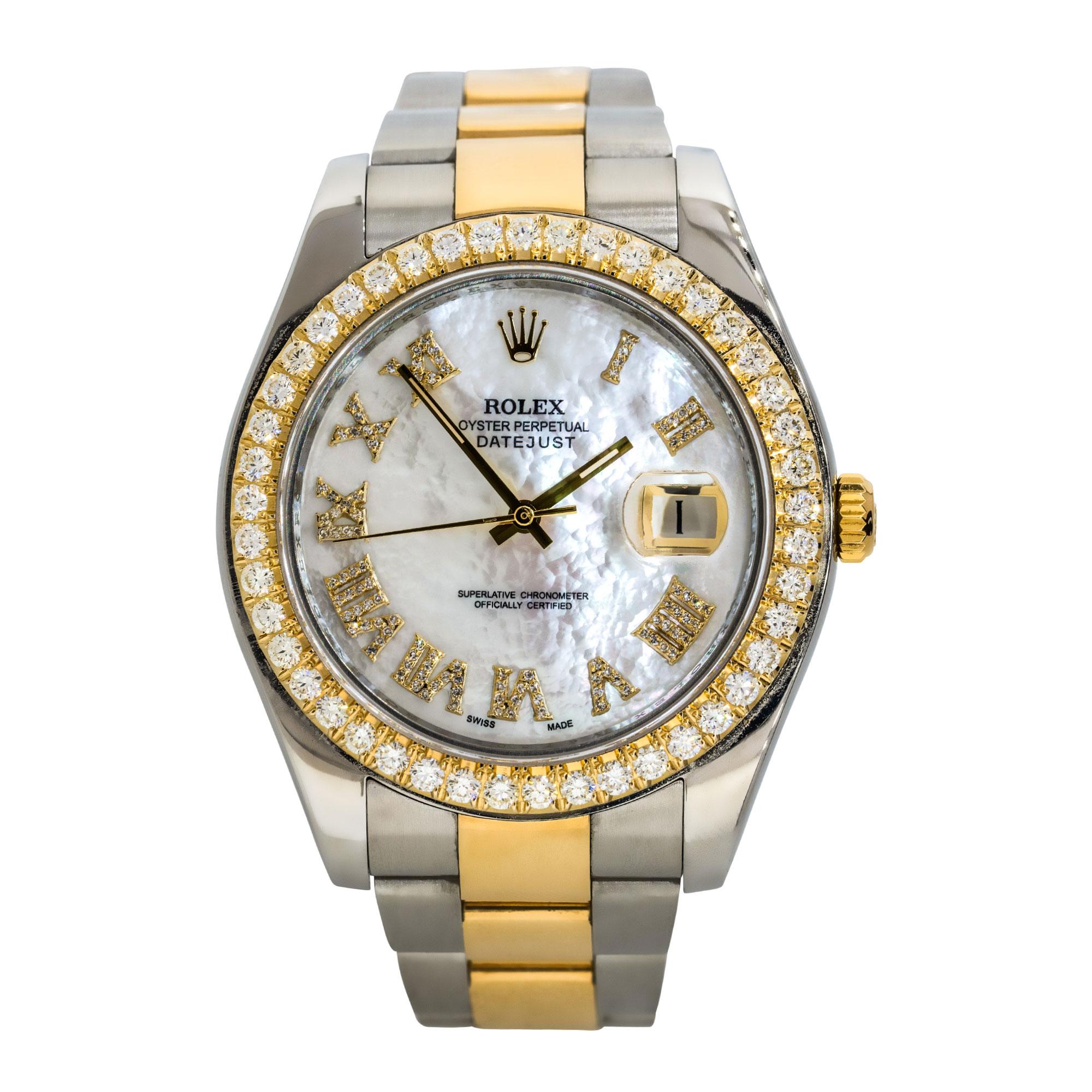 Brand: Rolex
MPN: 116333
Model: Datejust II
Case Material: Stainless Steel
Case Diameter: 41mm
Crystal: Sapphire Crystal
Bezel: 18k Yellow gold bezel with approx. 2.3ctw of Diamonds (Aftermarket)
Dial: White mother of pearl dial with yellow gold