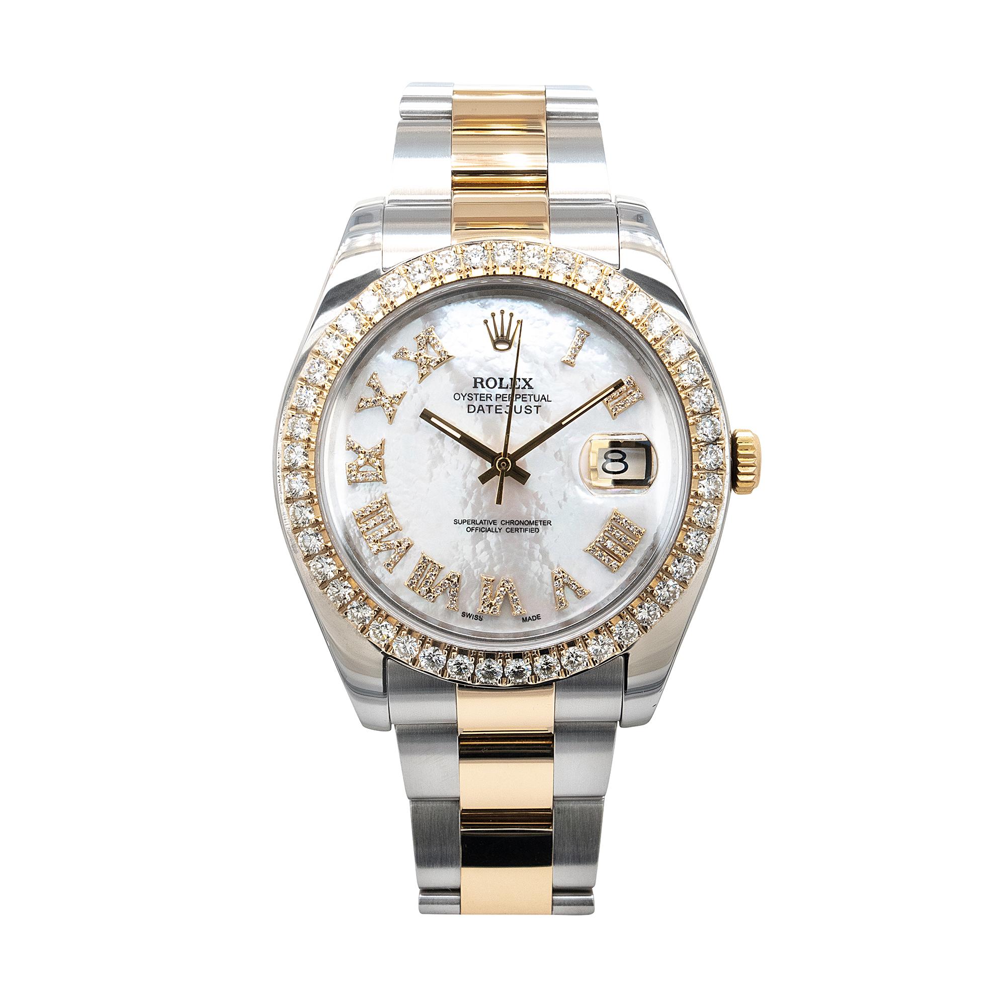 Brand: Rolex
Model Name: Datejust II
Model Number: 116333
Case Material: Stainless Steel
Case Diameter: 41.0mm
Crystal: Scratch Resistant Sapphire Crystal
Bezel: Custom Gold Diamond
Dial: Oyster Perpetual Datejust
Bracelet: 18k Stainless Steel