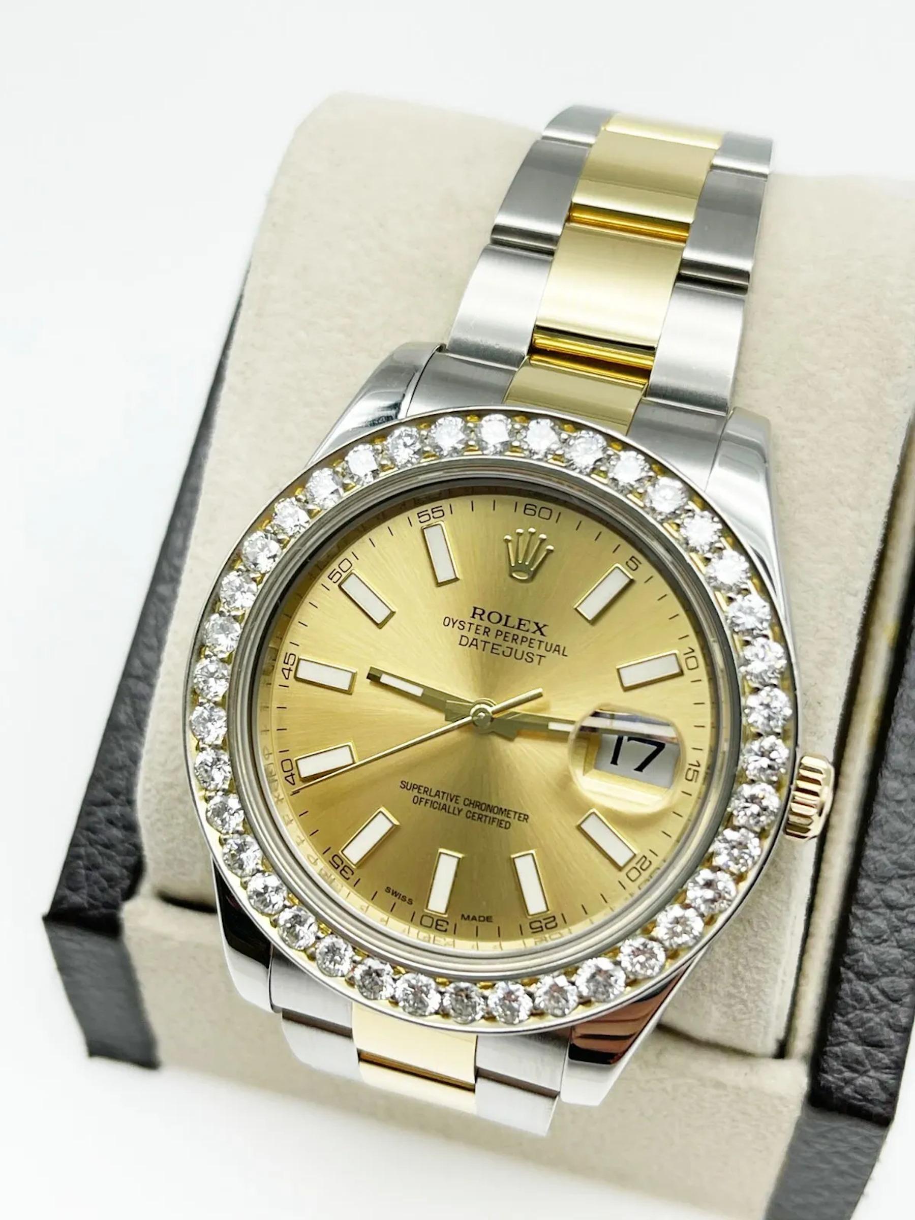 Style Number: 116333
Serial: G159***
Year: 2010
Model: Rolex Datejust II
Case Material: Stainless Steel
Band: 18K Yellow Gold & Stainless Steel
Bezel: 3.00 Carat Total - Custom Diamond Bezel Stainless Steel
Dial: Champagne
Face: Sapphire
