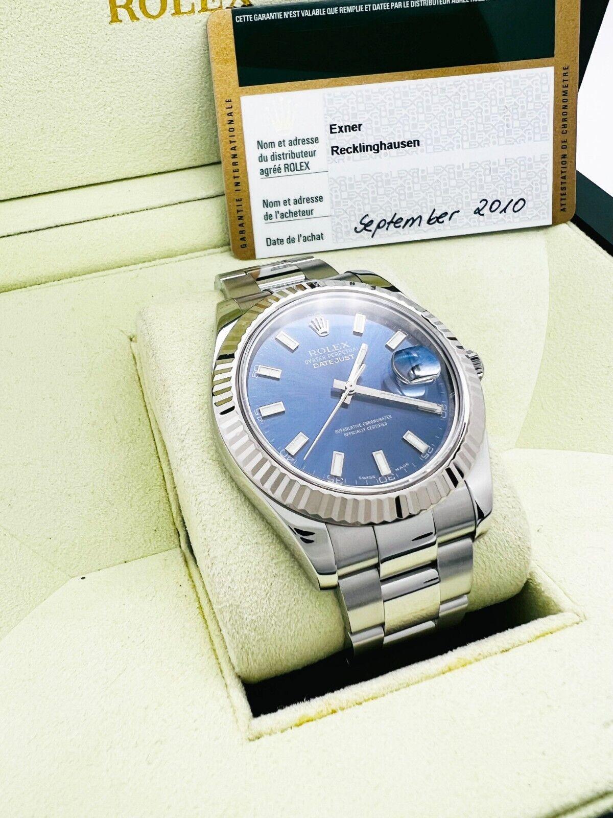 Style Number: 116334

Serial: G025***

Year: 2010
 
Model: Datejust II
 
Case Material: Stainless Steel 
 
Band:  Stainless Steel
 
Bezel: 18K White Gold
 
Dial: Blue Dial 
 
Face: Sapphire Crystal 
 
Case Size: 41mm
 
Includes: 
-Rolex Box &