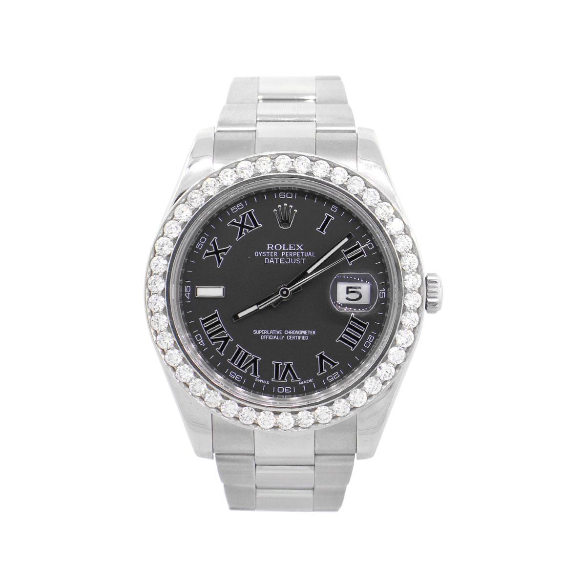 Brand: Rolex
MPN: 116334
Model: Datejust II
Case Material: Stainless Steel
Case Diameter: 41mm
Crystal: Scratch resistant sapphire
Bezel: Stainless Steel bezel with approx. 3ctw round diamonds
Dial: Aftermarket black Roman dial with silver hands.