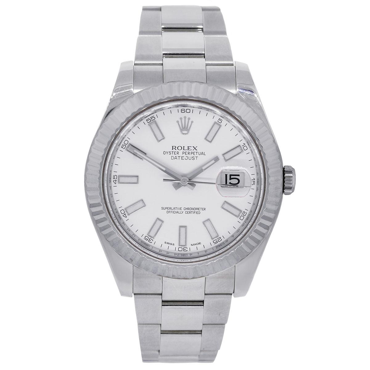 Brand: Rolex
MPN: 116334
Model: Datejust II
Case Material: Stainless Steel
Case Diameter: 41mm
Bezel: Stainless Steel Fluted bezel
Dial: White dial with luminescent hour markers and date window at the 3 o’clock position
Bracelet: Stainless steel