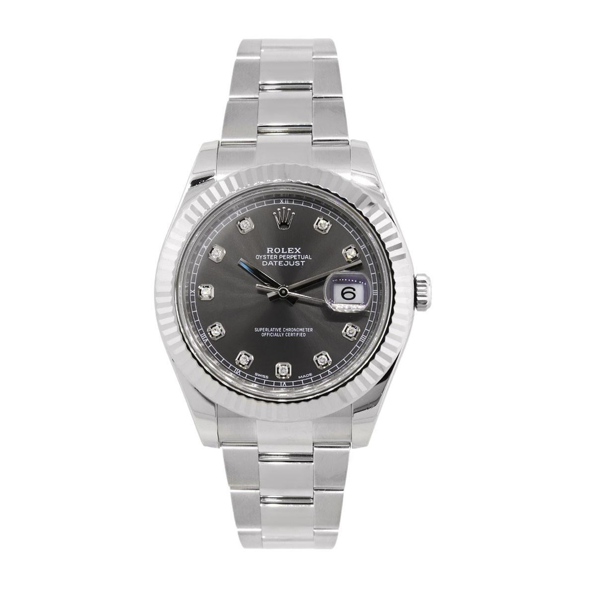 Brand: Rolex
MPN: 116334
Model: Datejust II
Case Material: Stainless Steel
Case Diameter: 41mm
Crystal: Sapphire crystal
Bezel: 18k white gold fluted bezel
Dial: Rhodium diamond bezel
Bracelet: Stainless steel oyster band
Size: Will fit a 7.50″