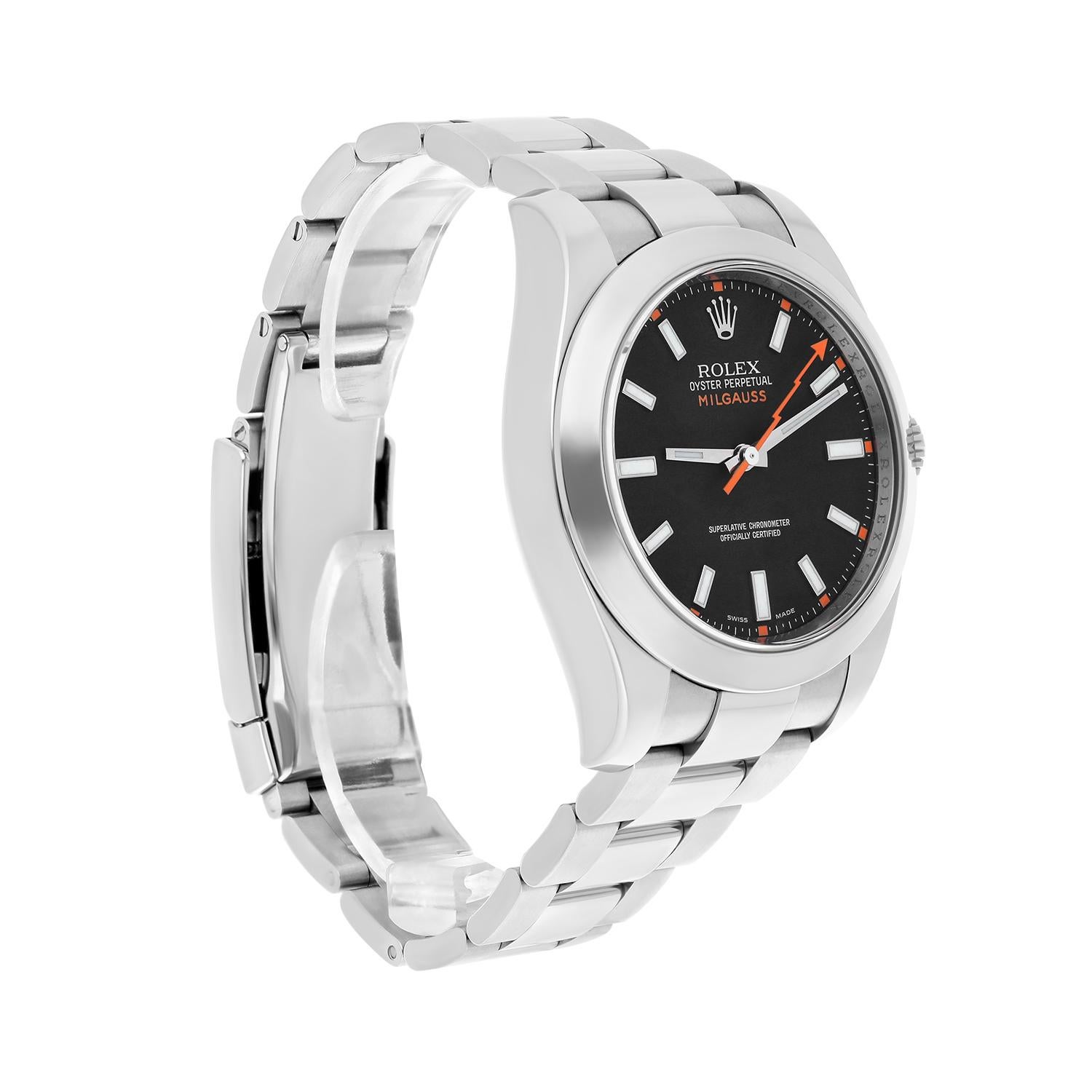 Modern Rolex 116400 Milgauss 40mm Stainless Steel Orange Hand Black Dial Watch For Sale
