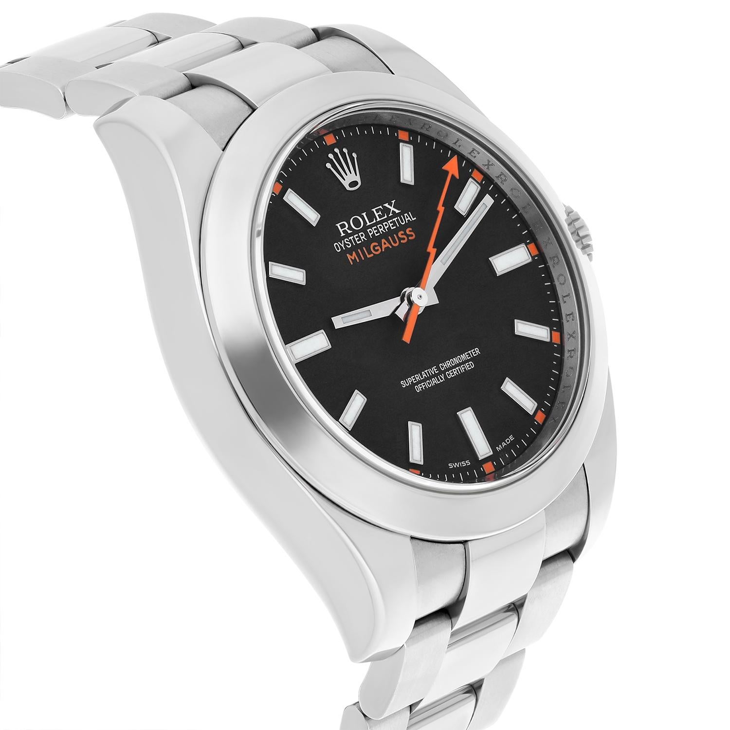 Rolex 116400 Milgauss 40mm Stainless Steel Orange Hand Black Dial Watch In Excellent Condition For Sale In New York, NY