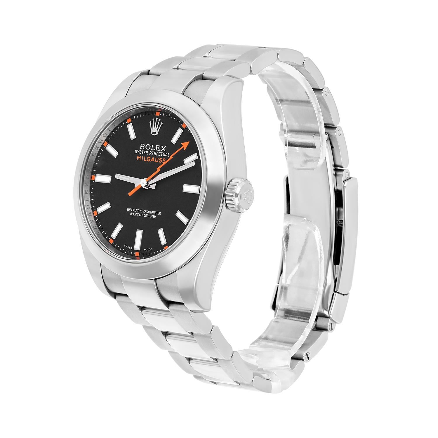 Men's Rolex 116400 Milgauss 40mm Stainless Steel Orange Hand Black Dial Watch For Sale
