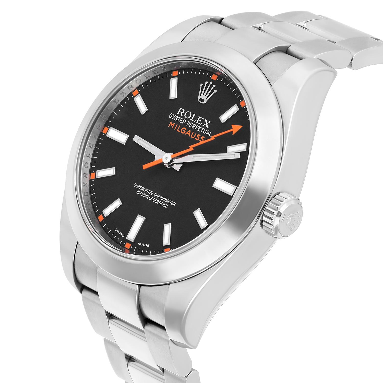 Rolex 116400 Milgauss 40mm Stainless Steel Orange Hand Black Dial Watch For Sale 1