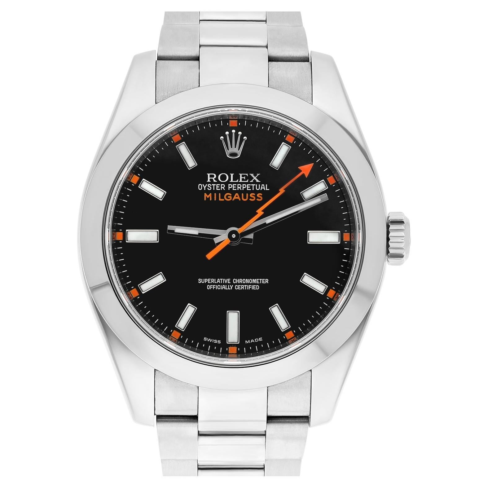 Montre Rolex 116400 Milgauss 40mm Acier inoxydable Aiguille orange Cadran noir en vente