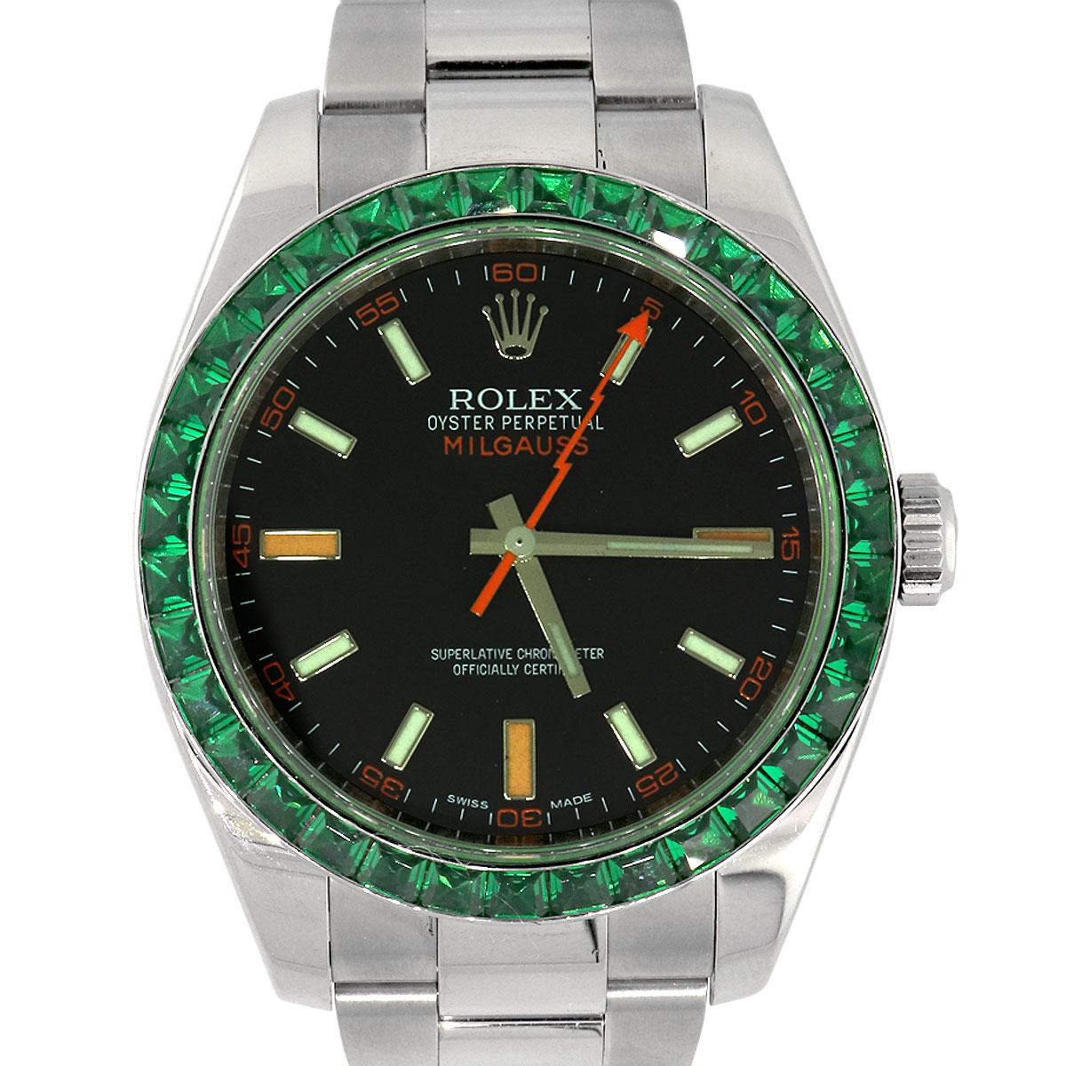 Brand: Rolex
MPN: 116400
Model: Milgauss
Case Material: Stainless Steel
Case Diameter: 40mm
Crystal: Scratch resistant green sapphire
Bezel: Stainless Steel Emerald Gemstone Bezel (Aftermarket)
Dial: Black Dial With silver Hour Markers and Luminous