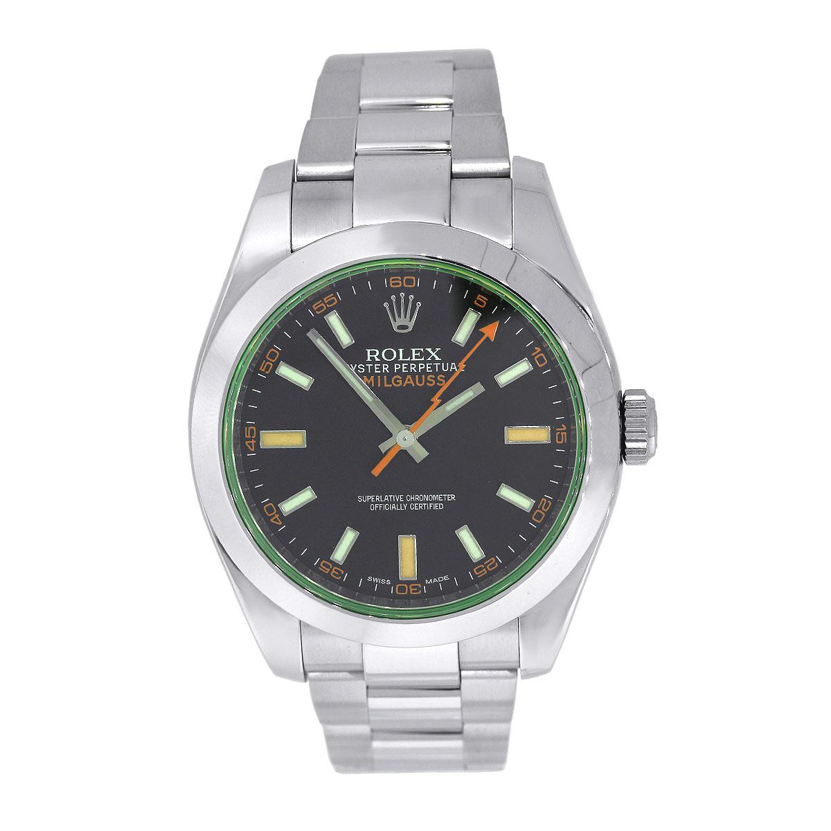 Brand: Rolex
MPN: 116400
Model: Milgauss
Case Material: Stainless Steel
Case Diameter: 40mm
Crystal: Scratch resistant green sapphire
Bezel: Stainless Steel Smooth Fixed Bezel
Dial: Black  Dial With silver Hour Markers and Luminous Hands; Orange