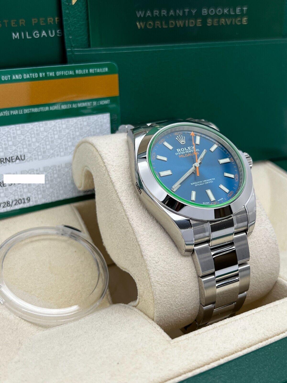 Rolex 116400GV Milgauss Blue Dial Green Crystal Steel Box Paper 2019 STICKERS In Excellent Condition For Sale In San Diego, CA