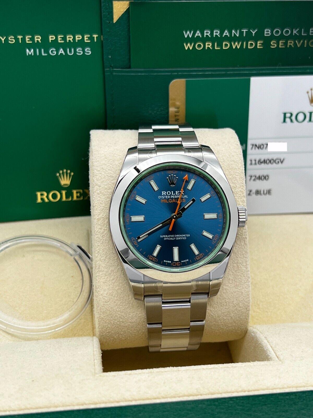 Rolex 116400GV Milgauss Blue Dial Green Crystal Steel Box Paper 2019 STICKERS For Sale 4