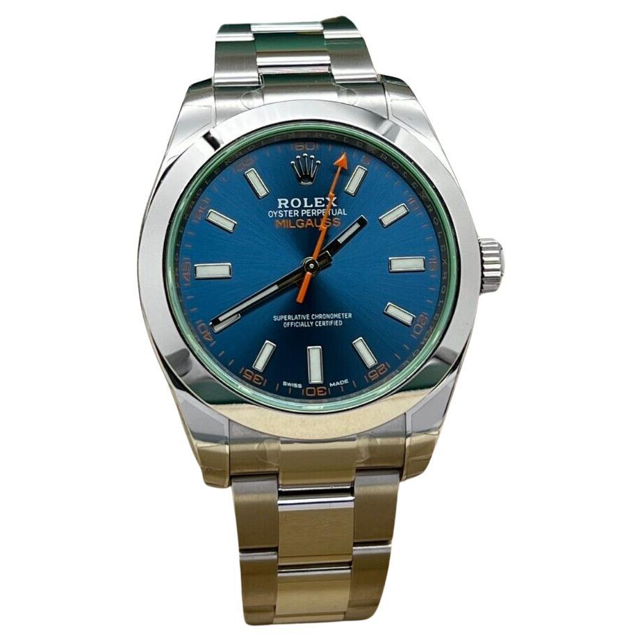 Rolex 116400GV Milgauss Blue Dial Green Crystal Steel Box Paper 2019 STICKERS For Sale