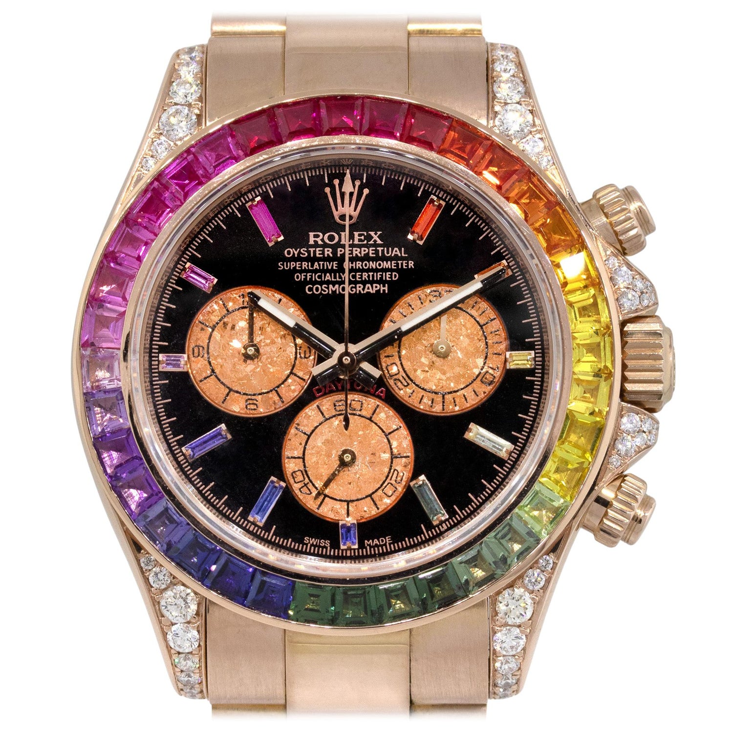 Rolex 116505 Daytona 18 Karat Rose Gold Rainbow Bezel and Dial Watch at  1stDibs