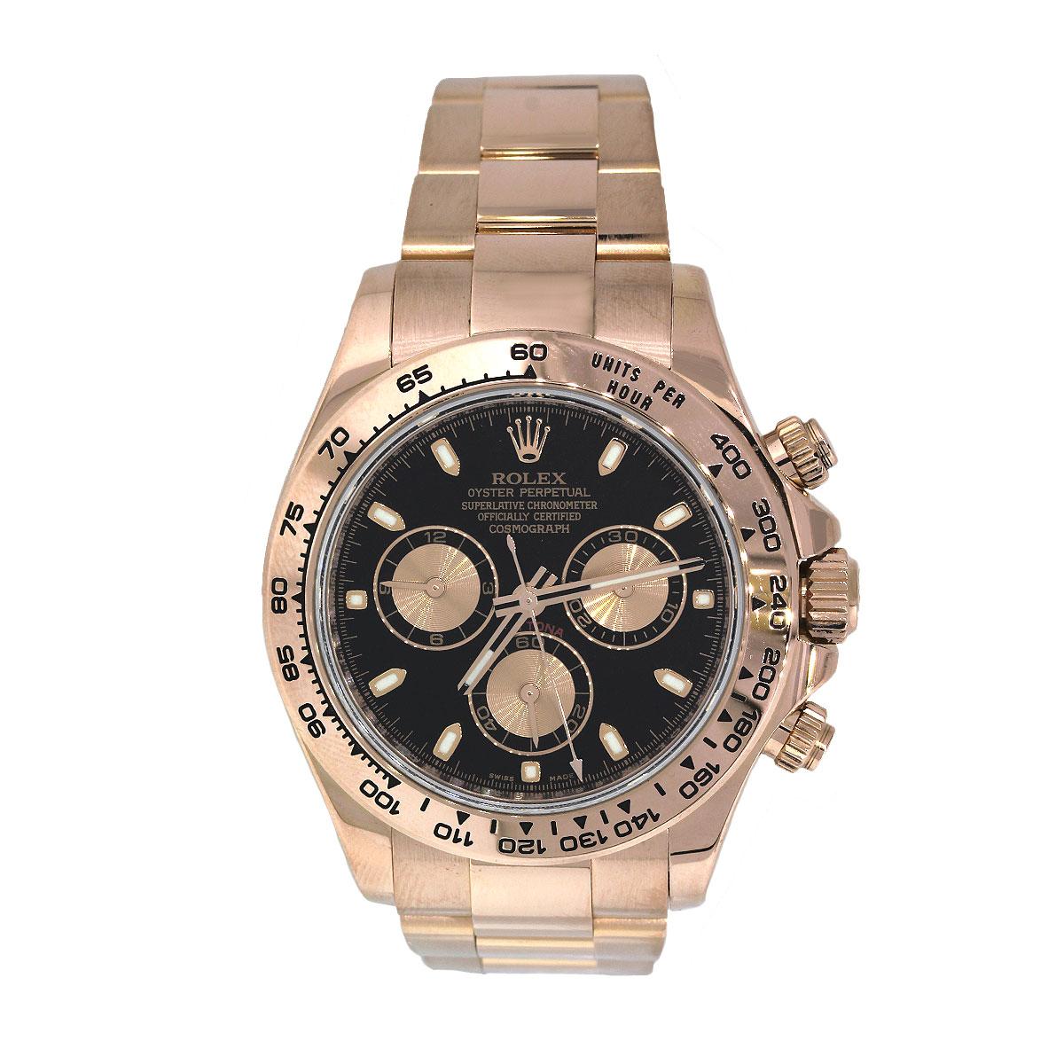 Brand: Rolex
MPN: 116505
Model: Daytona
Case Material: 18k Rose Gold
Case Diameter: 40mm
Crystal: Scratch resistant sapphire
Bezel: Original Rolex fixed rose gold bezel with an engraved Tachymetric scale
Dial: Black dial with luminous hands and hour