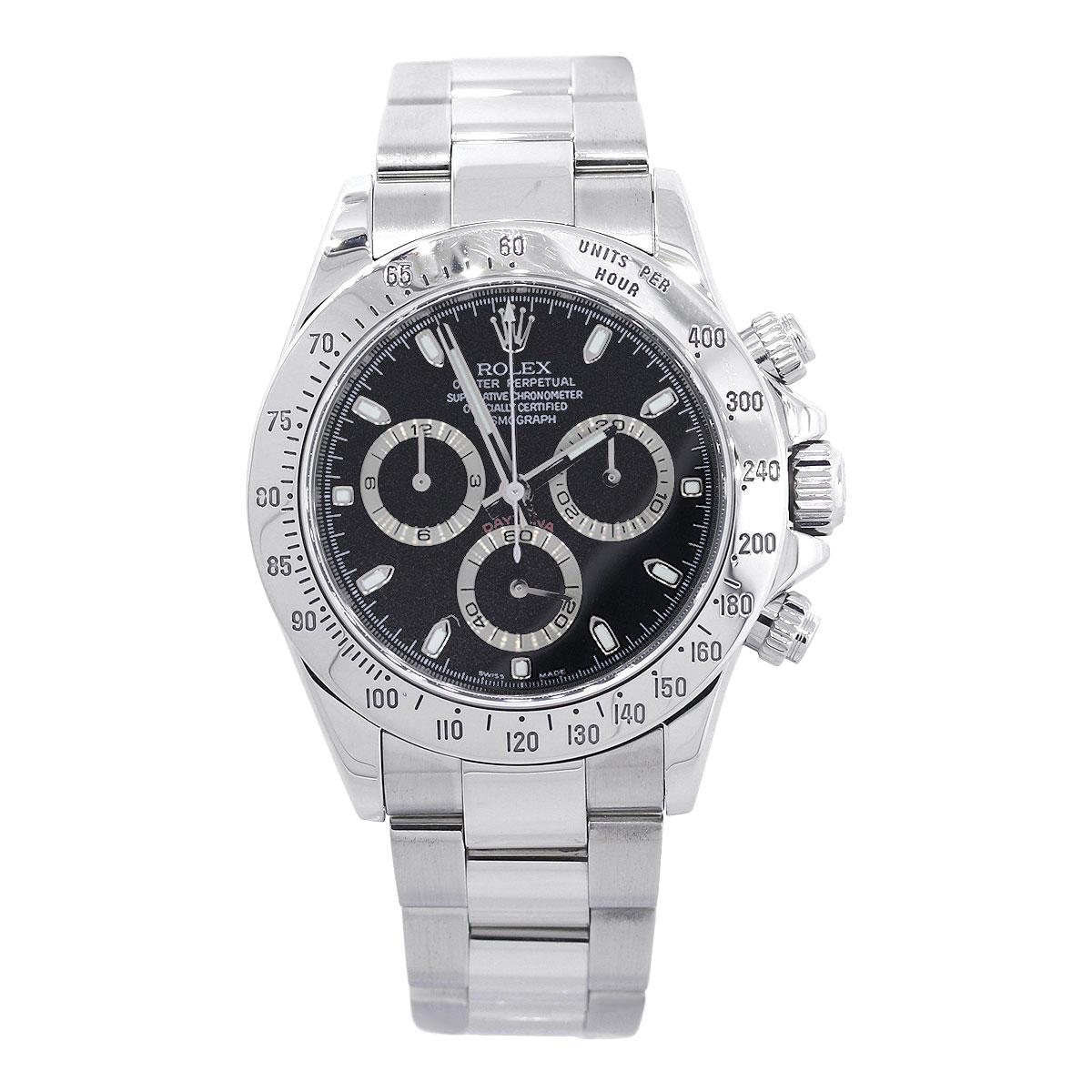 Brand: Rolex
MPN: 116520
Model: Daytona
Case Material: Stainless Steel
Case Diameter: 40mm
Crystal: Scratch resistant sapphire
Bezel: Original Rolex fixed stainless steel bezel with an engraved Tachymetric scale
Dial: Black chronograph dial with