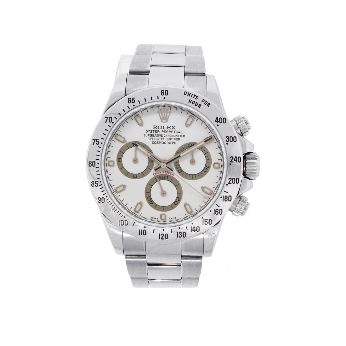 Brand: Rolex
MPN: 116520
Serial: “V” serial
Model: Daytona
Case Material: Stainless steel
Case Diameter: 40mm
Crystal: Scratch resistant sapphire
Bezel: Stainless steel bezel
Dial: Silver stick and white dial
Bracelet: Stainless steel oyster