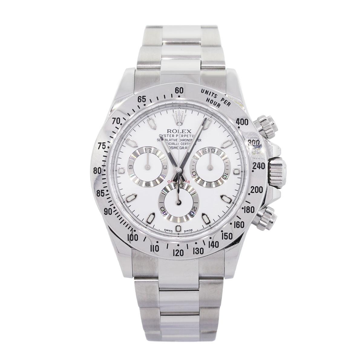 Brand: Rolex
MPN: 116520
Model: Daytona
Case Material: Stainless Steel
Case Diameter: 40mm
Crystal: Scratch resistant sapphire
Bezel: Stainless steel
Dial: White chronograph dial
Bracelet: Stainless steel oyster band
Size: Will fit a 6.50″