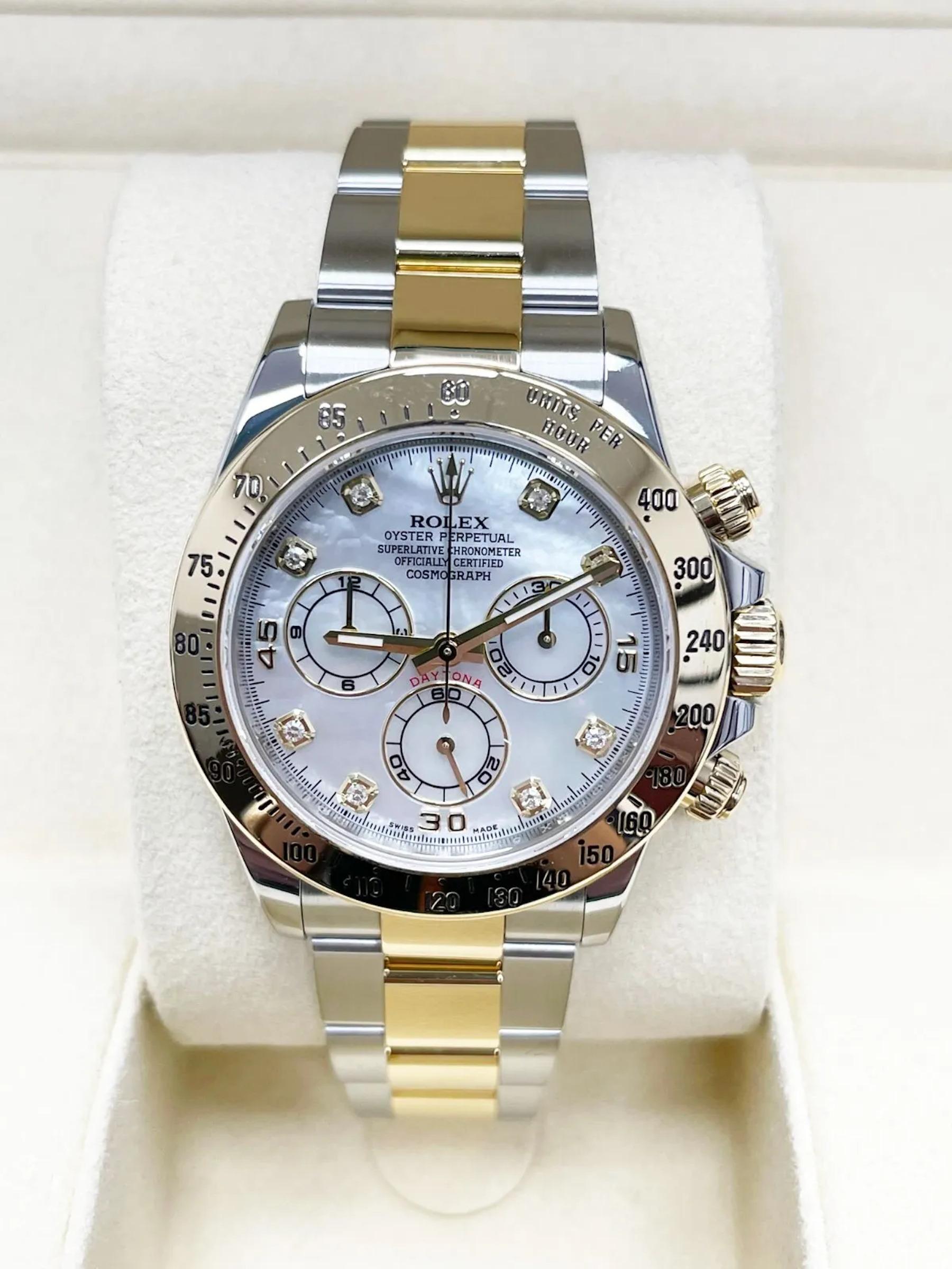 Style Number: 116523
 
Serial: 5W296***

Year: 2016

Model: Daytona

Case Material: Stainless Steel

Band: 18K Yellow Gold & Stainless Steel 

Bezel:  18K Yellow Gold

Dial: Original Factory Mother of Pearl Diamond Dial 

Face: Sapphire Crystal