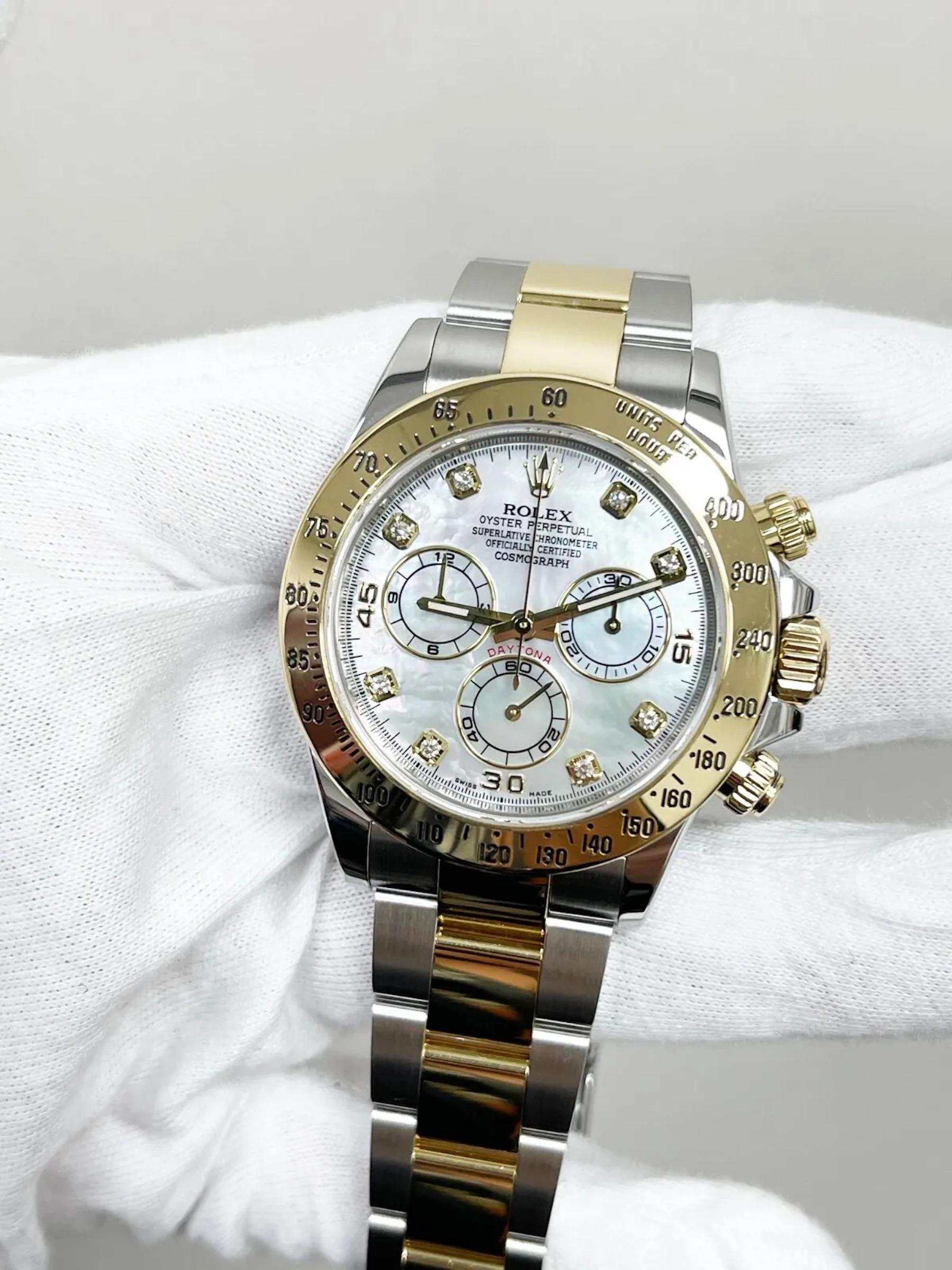 Rolex 116523 Daytona MOP Diamond Dial 18K Yellow Gold Stainless Box Paper 2016 In Excellent Condition In San Diego, CA