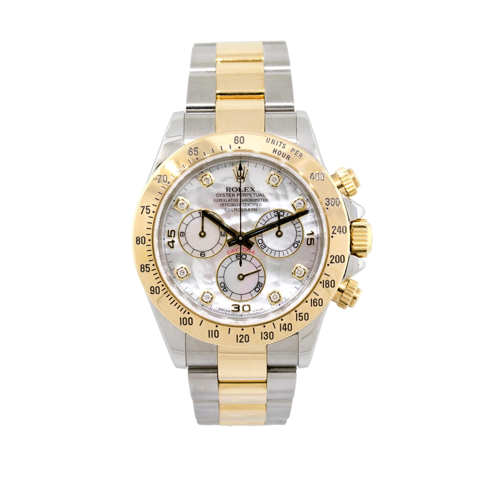 Brand: Rolex
MPN: 116523
Model: Daytona
Case Material: Stainless Steel
Case Diameter: 40mm
Crystal: Sapphire crystal (scratch resistant)
Bezel: 18k yellow gold bezel
Dial: Factory Mother of Pearl dial with Diamond hour markers
Bracelet: 18k yellow