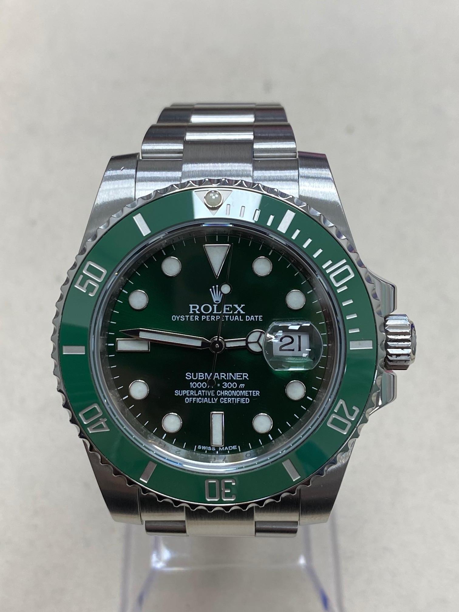 Style Number: 116610

 

Serial: 40376***


Year: 2014

 

Model: Submariner 

 

Case Material: Stainless Steel 

 

Band: Stainless Steel 

 

Bezel:  Green Ceramic 

 

Dial: Green

 

Face: Sapphire Crystal 

 

Case Size: 40mm

 

Includes: