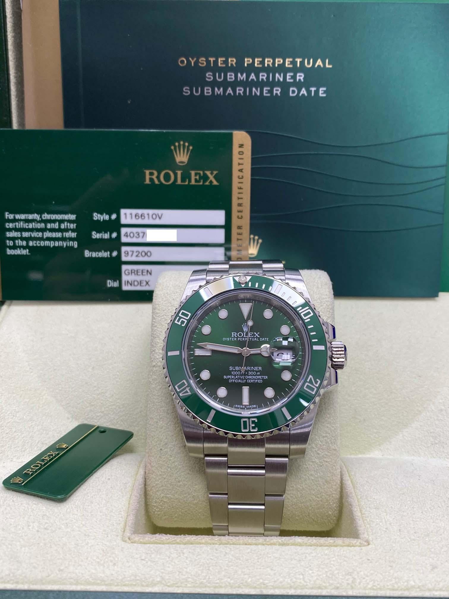 Rolex 116610 Submariner Green Ceramic Hulk Stainless Steel Box Papers 2014 In Excellent Condition In San Diego, CA