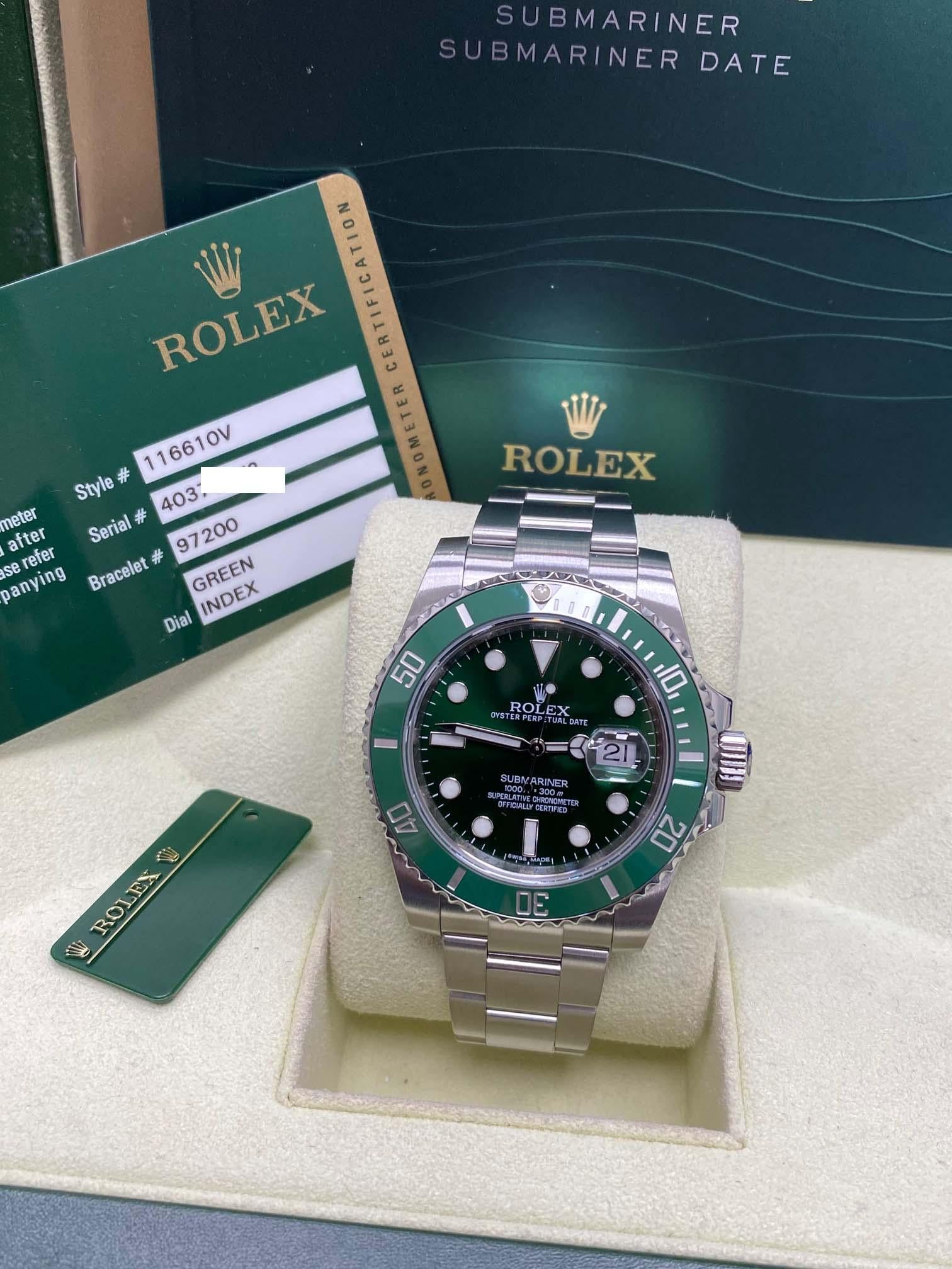 Men's Rolex 116610 Submariner Green Ceramic Hulk Stainless Steel Box Papers 2014