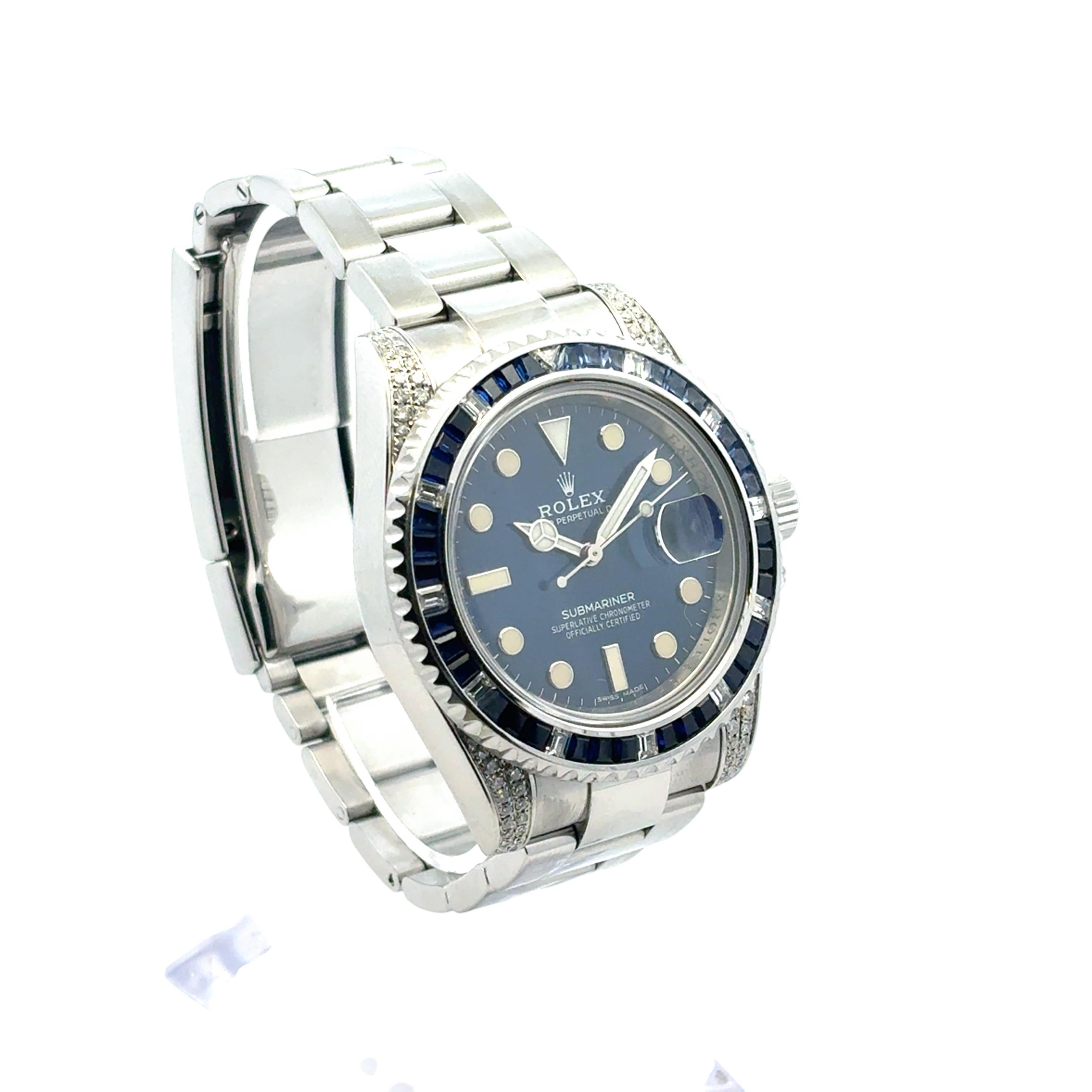Rolex 116610 Submariner Watch with Aftermarket Blue Sapphires & Diamonds in vendita 6