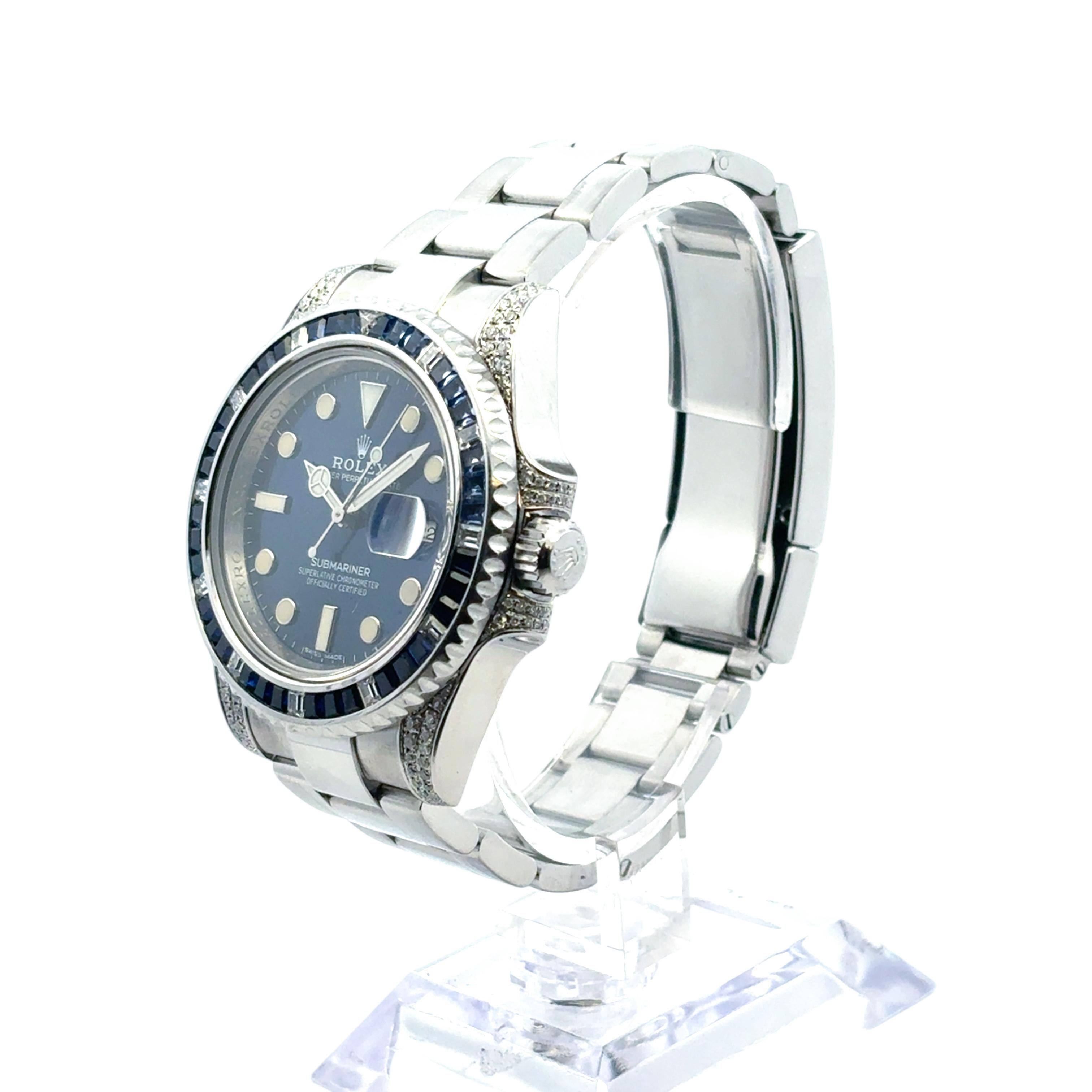 Rolex 116610 Submariner Watch with Aftermarket Blue Sapphires & Diamonds in vendita 7