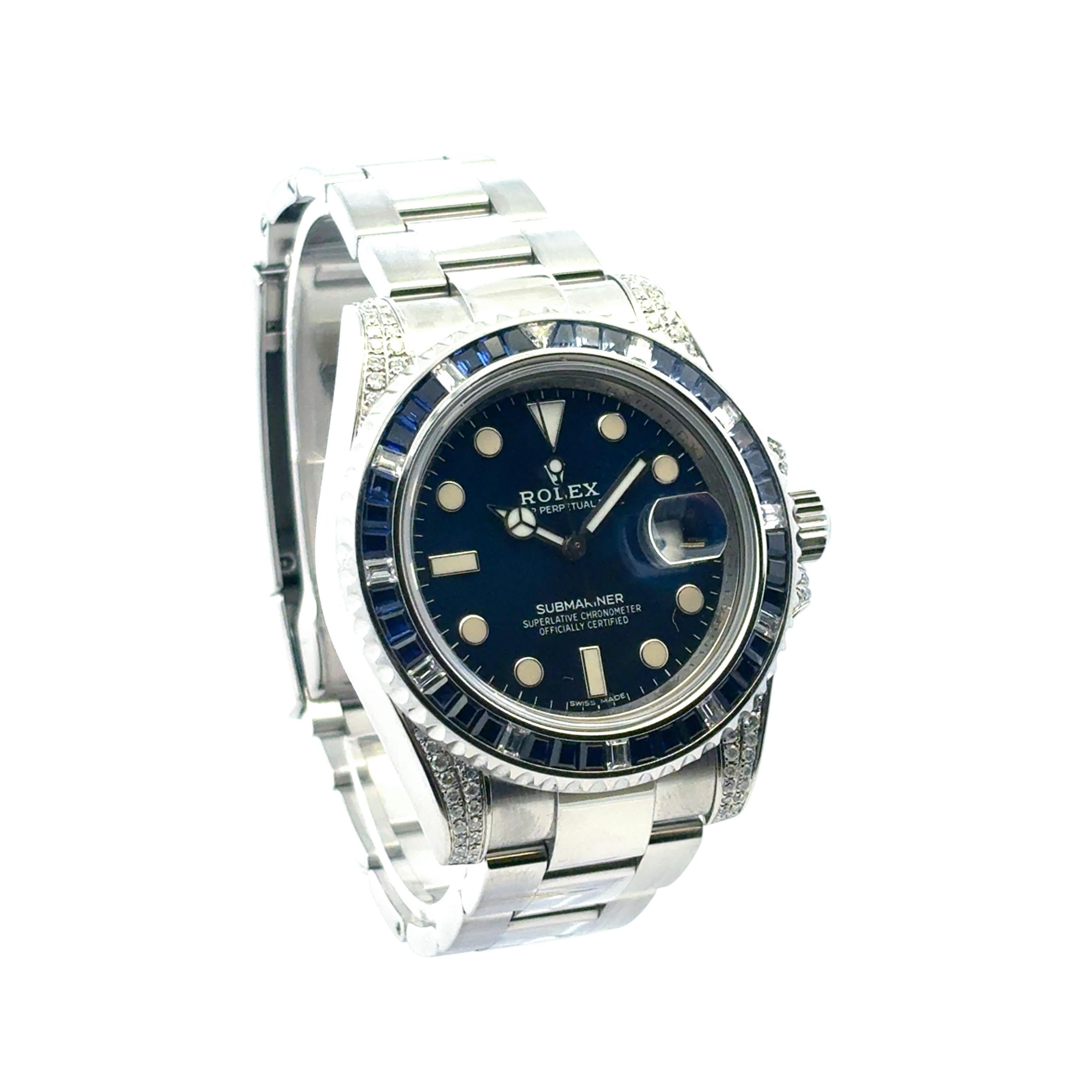 Rolex 116610 Submariner Watch with Aftermarket Blue Sapphires & Diamonds in vendita 8