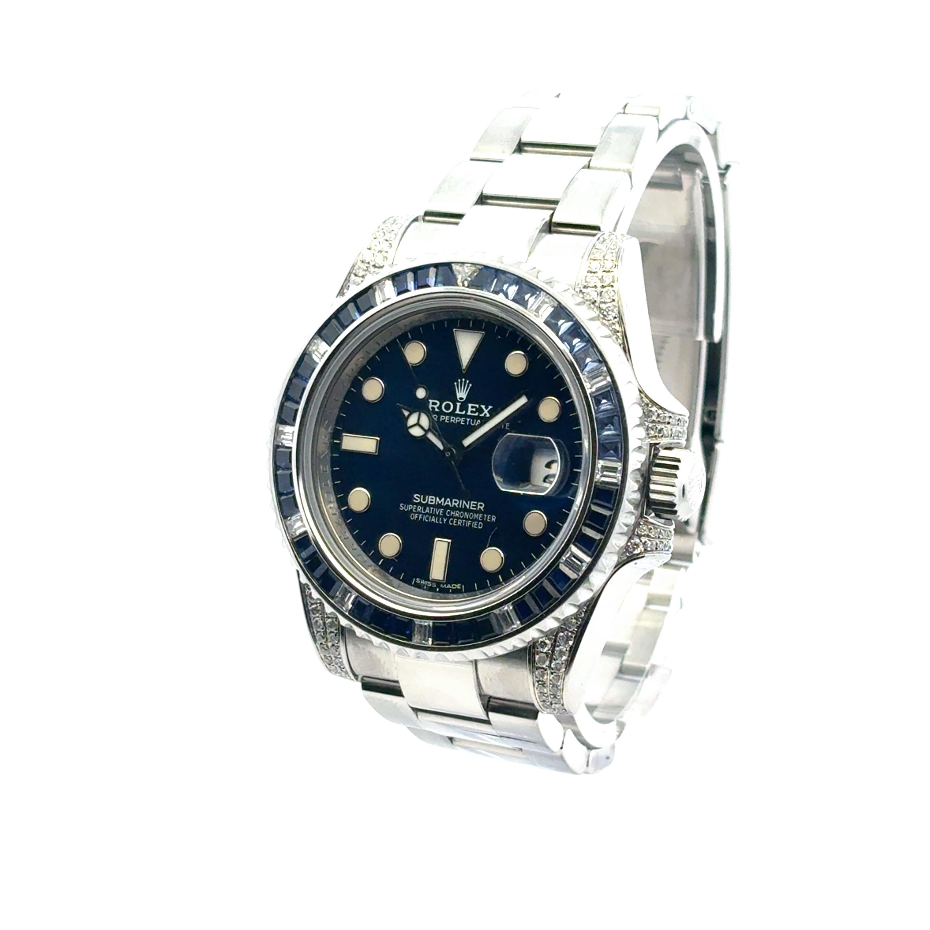 Rolex 116610 Submariner Watch with Aftermarket Blue Sapphires & Diamonds in vendita 9