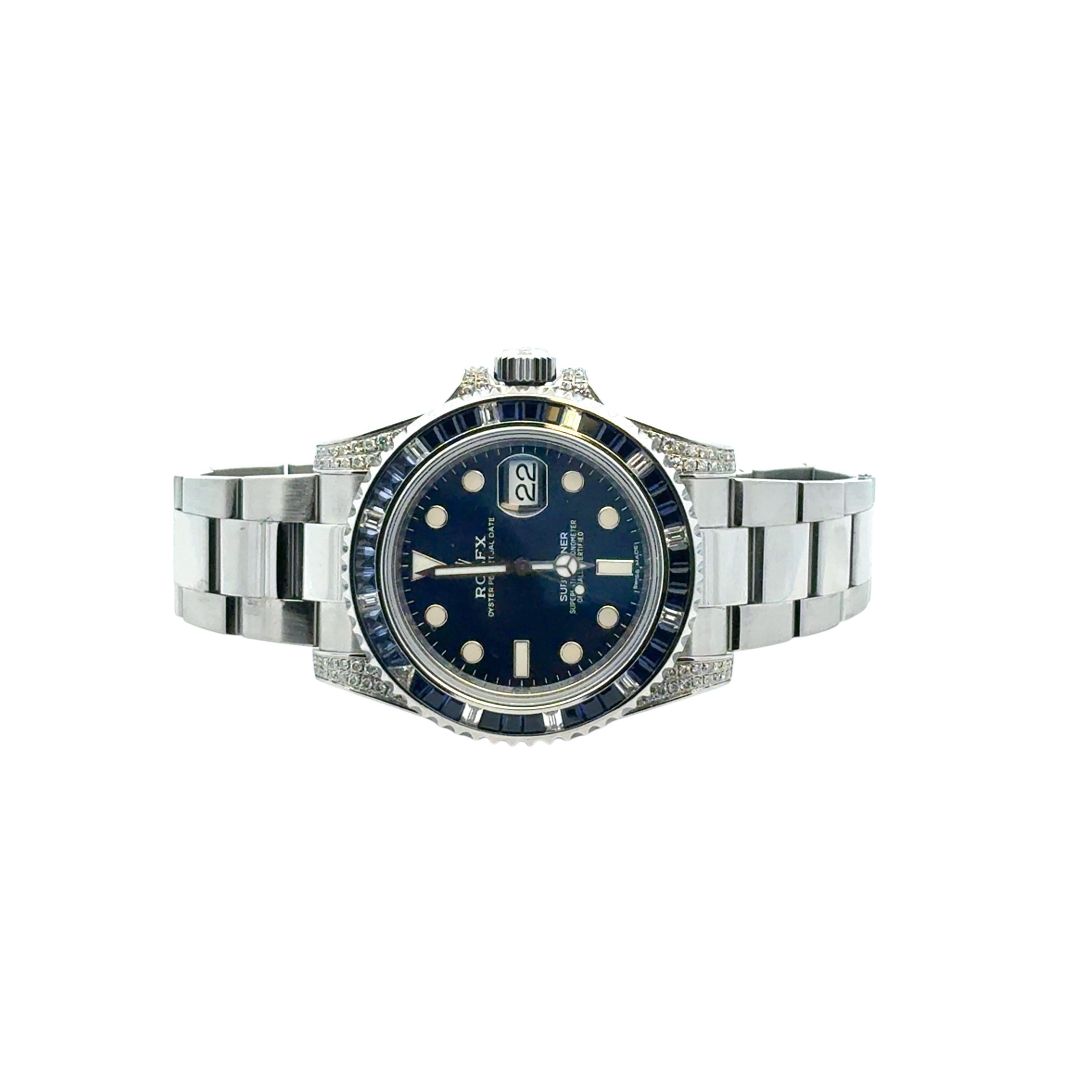 Rolex 116610 Submariner Watch with Aftermarket Blue Sapphires & Diamonds in vendita 10